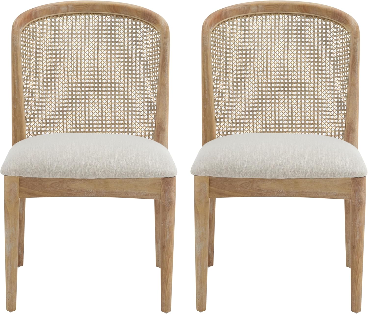 Beige Upholstered Dining Chairs 2 Pack, Rubberwood & Cane Design