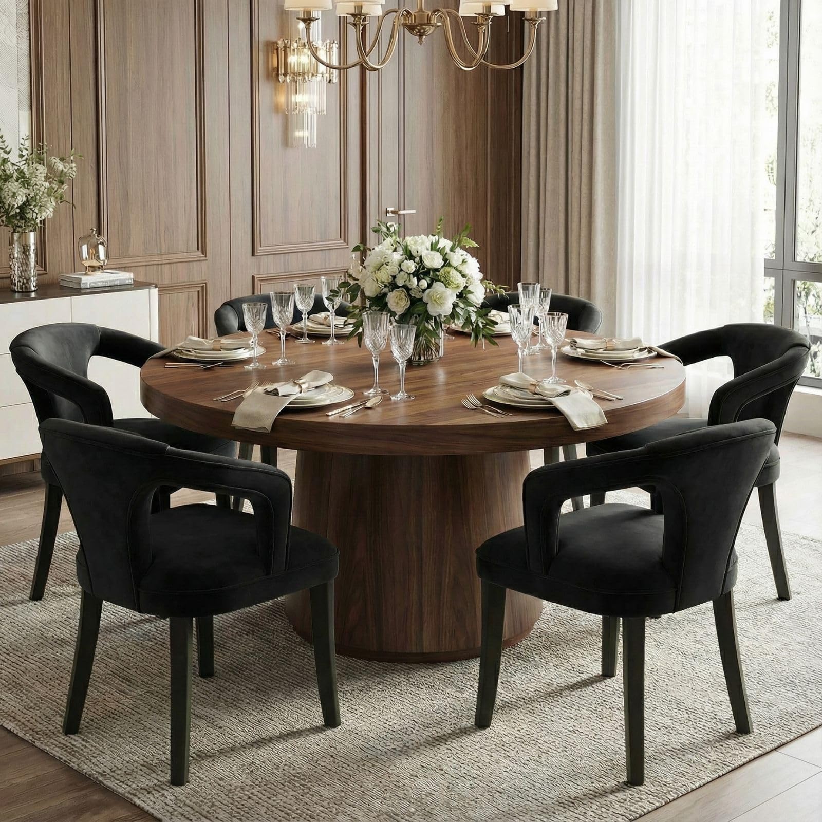 Hyfirm Mid-Century Modern Walnut Dining Chairs Set of 2, Vintage Brown Leather Wooden Kitchen Chairs, Retro Upholstered PU Cushioned Seat with Curved Backrest, Armless Accent Side Chair for Bedroom