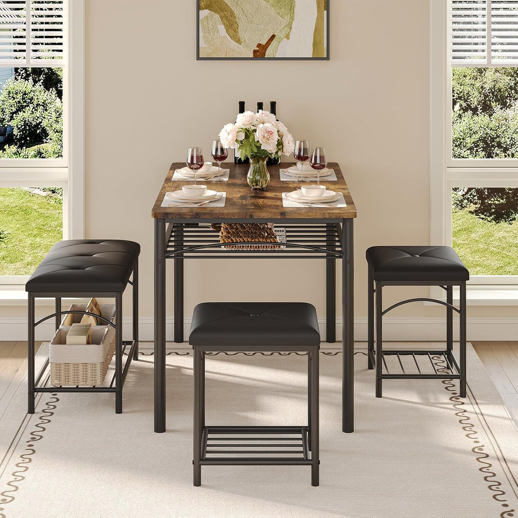 Garvee Dining Table Set for 4, Kitchen Table with Upholstered Bench and 2 Stools, 4 Pieces Kitchen Table Set with Storage Rack & Metal Frame for Small Space, Kitchen Table and Chairs Set for Apartment