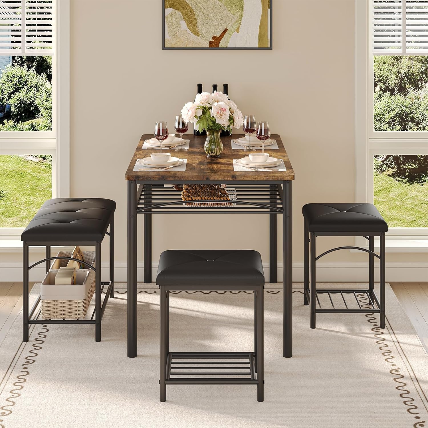 Garvee Dining Table Set for 4, Kitchen Table with Upholstered Bench and 2 Stools, 4 Pieces Kitchen Table Set with Storage Rack & Metal Frame for Small Space, Kitchen Table and Chairs Set for Apartment