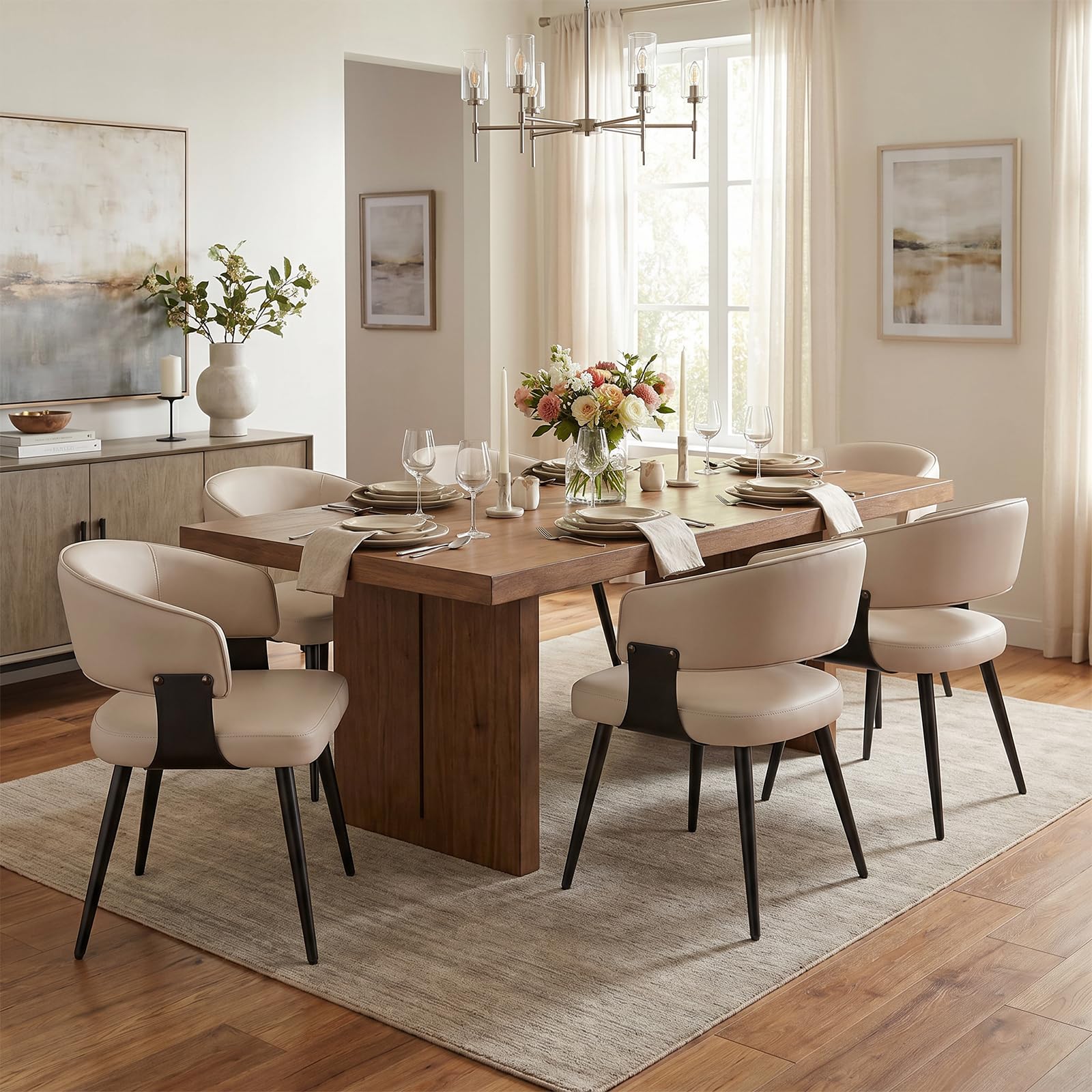 Dining Chairs Set of 4, Modern Upholstered PU Leather Kitchen & Dining Room Chairs with Curved Open Back Metal Legs, Kitchen Chairs for Dining Room Restaurant (Vintage Brown, Set of 4)
