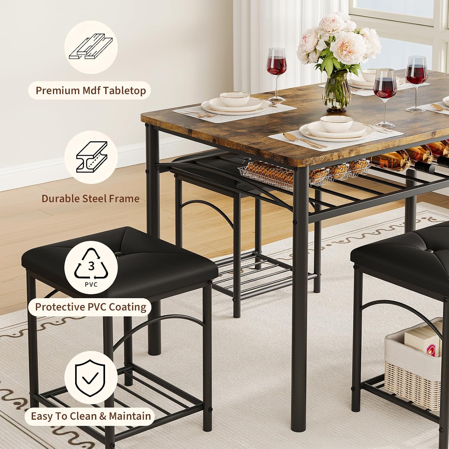 Garvee Dining Table Set for 4, Kitchen Table with Upholstered Bench and 2 Stools, 4 Pieces Kitchen Table Set with Storage Rack & Metal Frame for Small Space, Kitchen Table and Chairs Set for Apartment