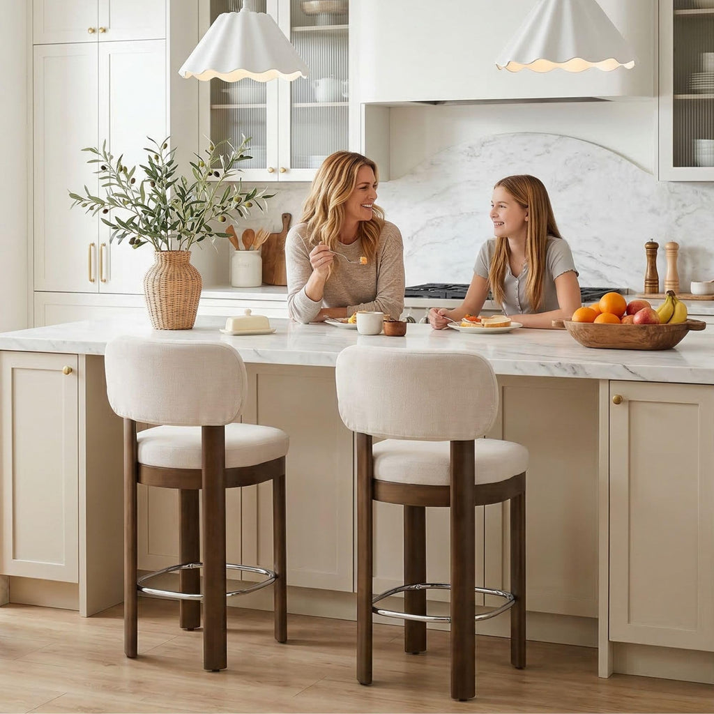 HNY Brown Leather Bar Stools Set of 2, Modern Upholstered Counter Height Bar Stools, Farmhouse Armless Bar Chairs with Solid Wood Legs & Padded Back for Kitchen Island/Dining Room Bar - 26 Inches