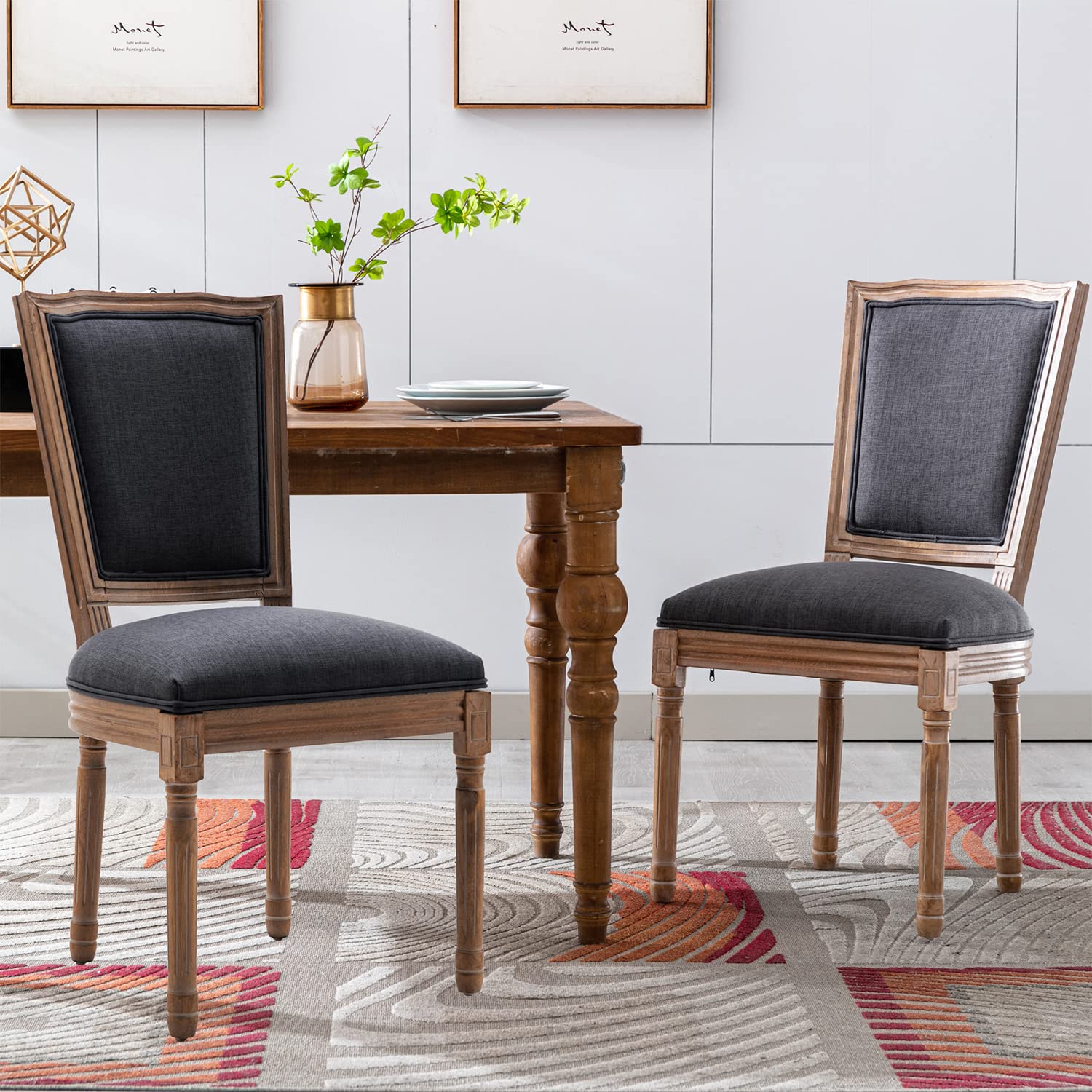 Nrizc French Country Dining Chairs Set of 4, Farmhouse Fabric Chairs with Round Back, Rattan Dining Chair, Oval Side Chairs for Dining Room/Living Room/Kitchen/Restaurant