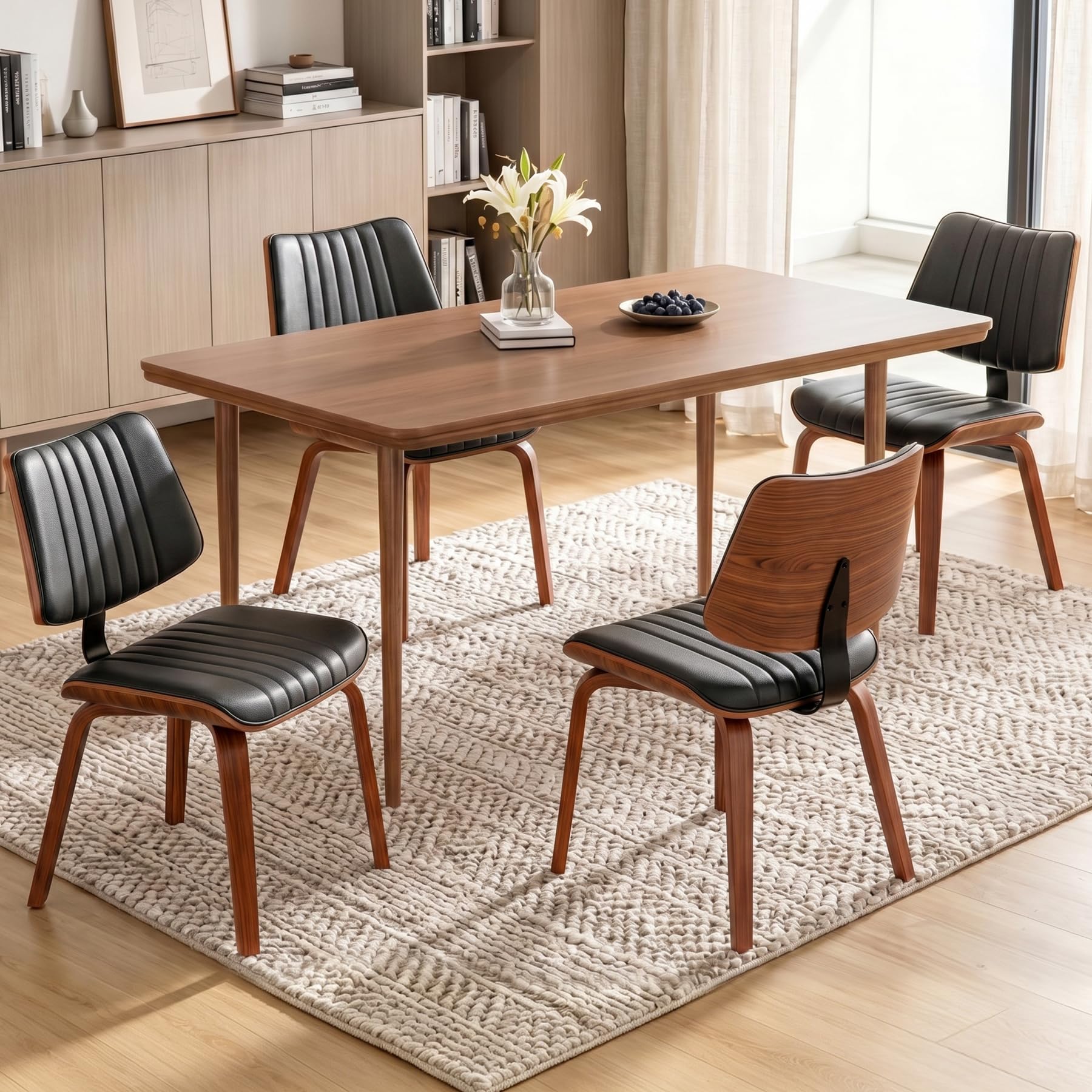 Dining Chairs Set of 1, Mid-Century Modern Upholstered PU Leather Kitchen Chair, Hanging Handrails, Walnut Bentwood Legs and Faux Leather Sponge Back for Kitchen Dining Room Living Room, Beige