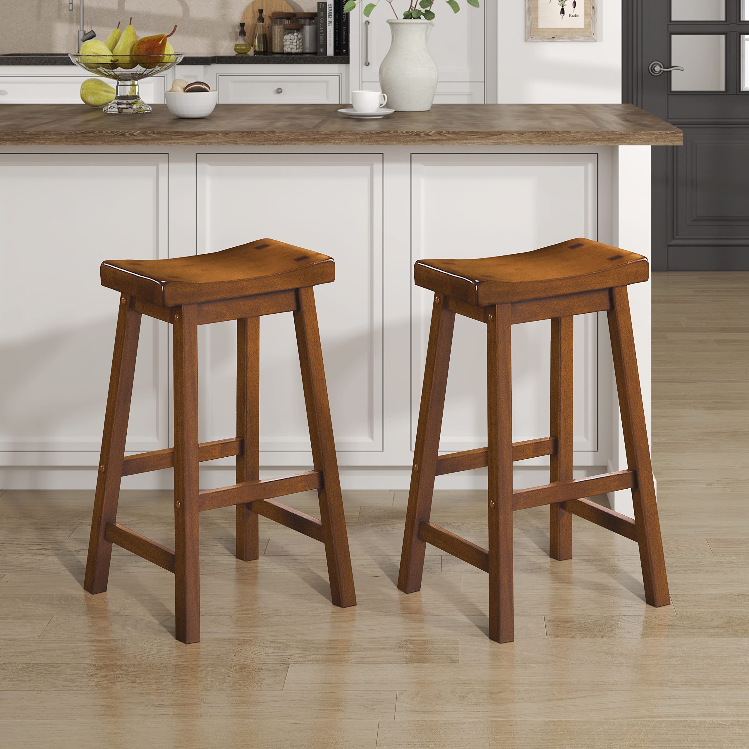 Lexicon Finnian Saddle Solid Wood Stool Set of 2 - Saddle Kitchen Stool Dining Height Stools for Dining, Armless Counter Chair Seating, Perfect Casual - 17.5" SH Oak