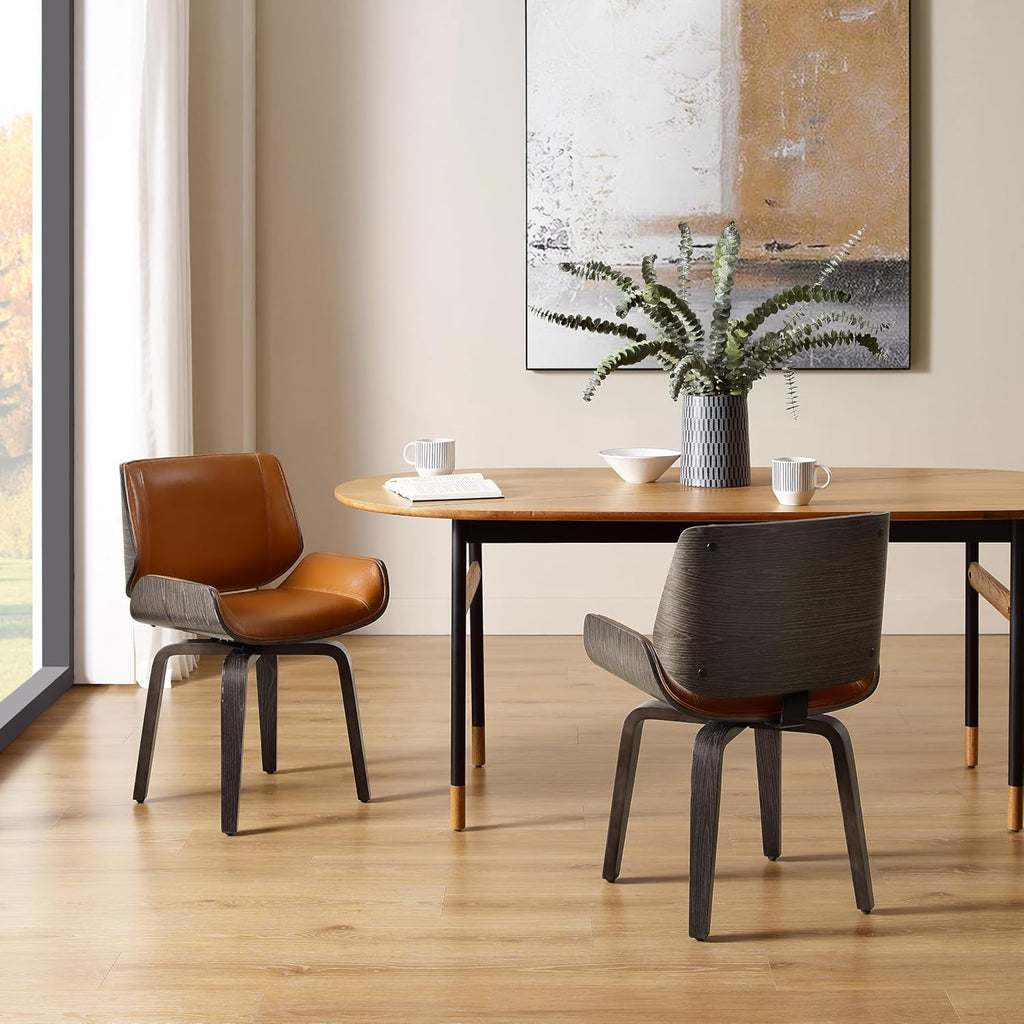 Zouron Swivel Dining Chairs, Mid Century Modern Desk Chairs Retro Faux Leather Chair with Wooden Legs, Kitchen Dining Room Chair with Upholstered Seat, 1 Pcs, Orange Brown