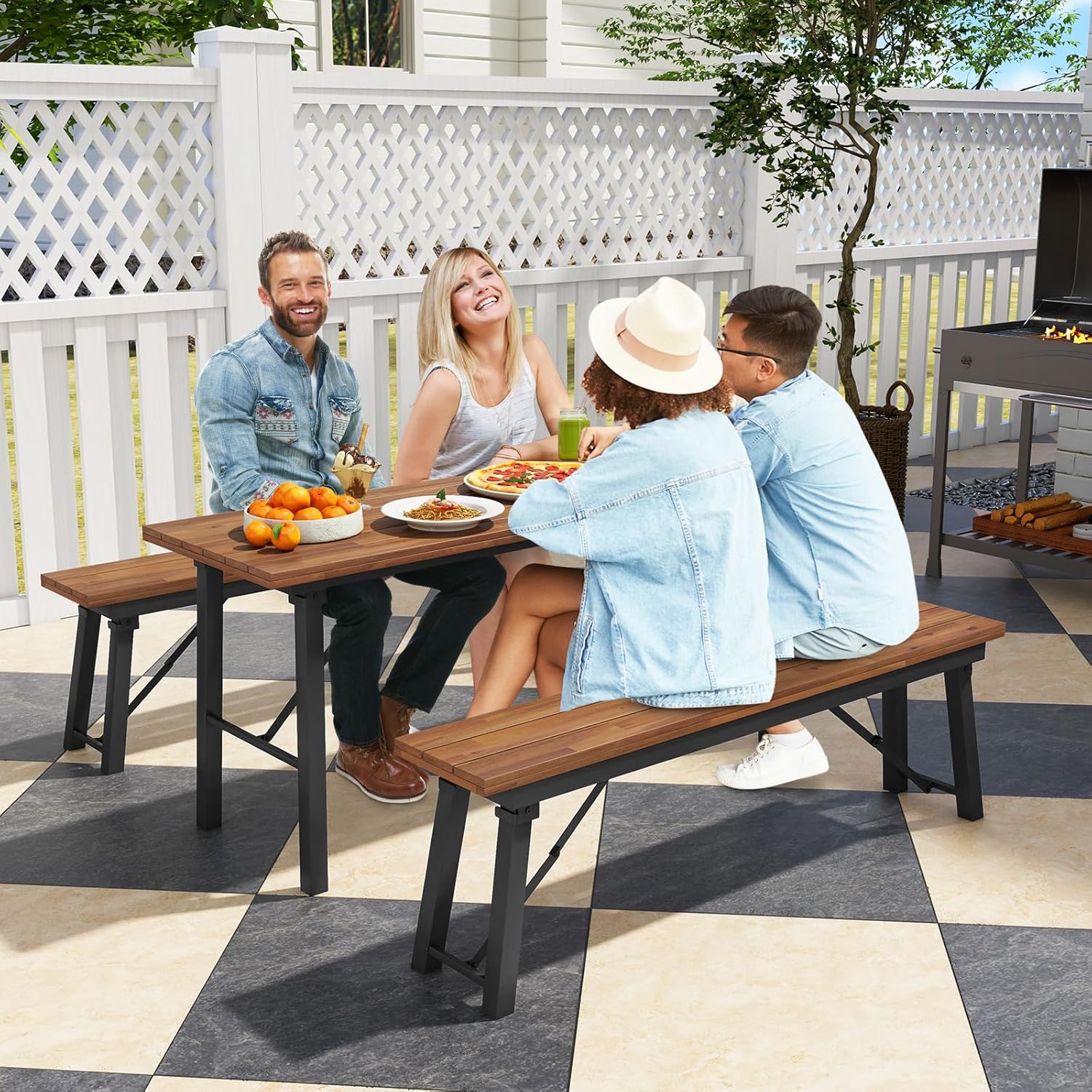 Tangkula Outdoor Dining Table With Benches for 4-6 Persons, No Assembly Foldable 59 Inches Narrow Patio Dining Table with Acacia Wood Top & Heavy Duty Metal Frame, for Yard, Garden, Poolside or Indoor