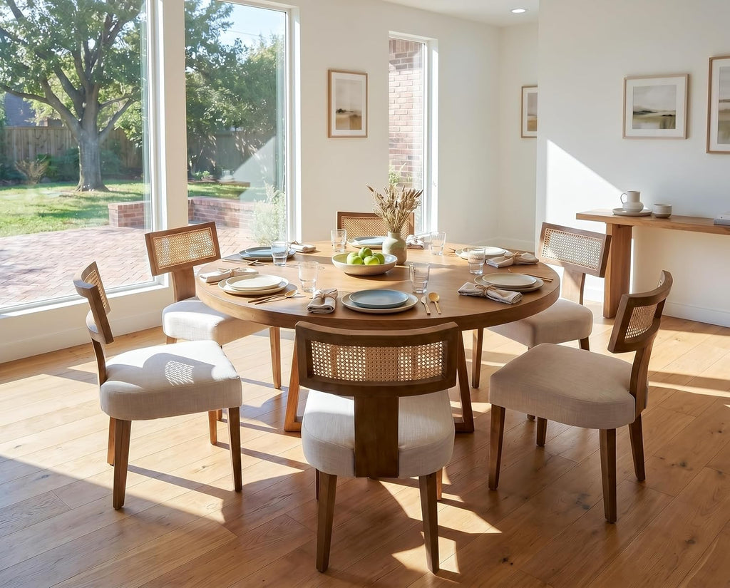 RIVOVA Rattan Dining Chairs Set of 4, Mid Century Modern Dining Chair Upholstered Linen Fabric Kitchen Side Chair, Modern Kitchen Armless Solid Wood Dining Chairs, Beige
