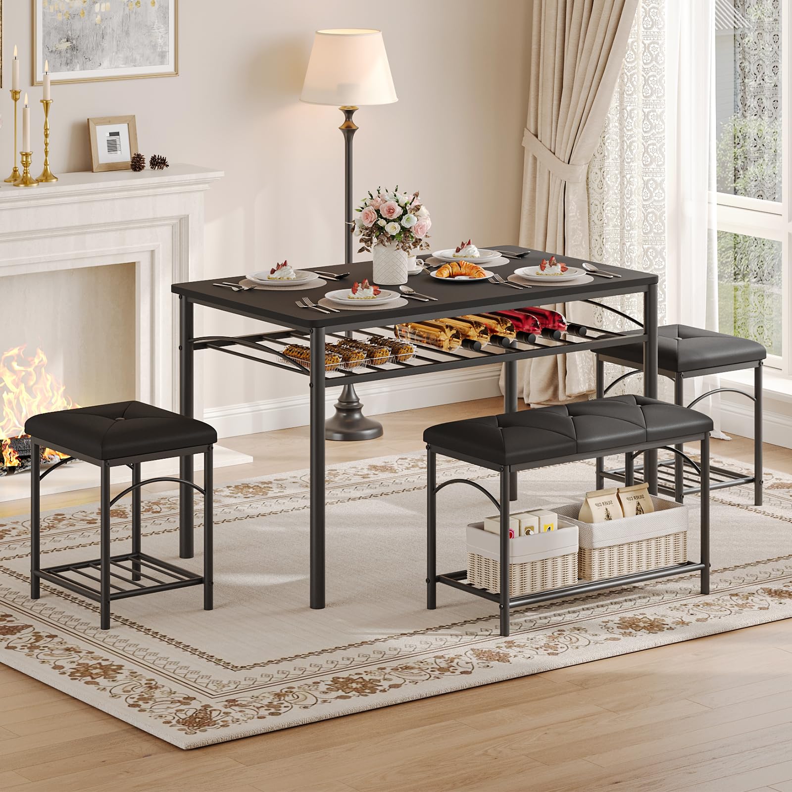 IDEALHOUSE Dining Table Set for 4 with Upholstered Benches and 2 Stools, Small Kitchen Table Chairs Set of 4 for Apartment, Studio, Home and Small Space