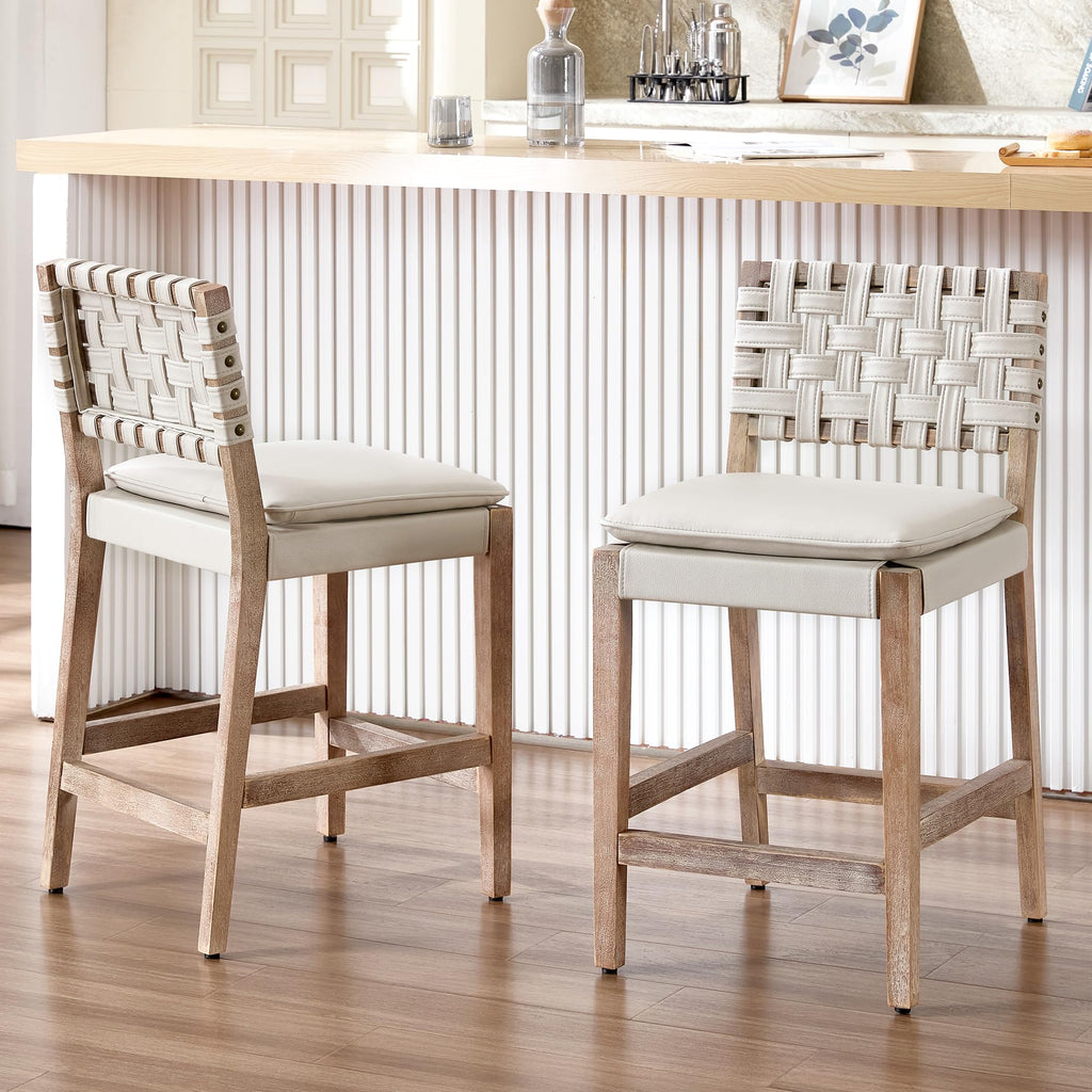 Modern Bar Stools Set of 2 Counter Height Barstools High Back Mid-Century Faux Leather Bar Chairs Solid Wood Kitchen Bar Stools for Kitchen Island Leather Beige 24IN