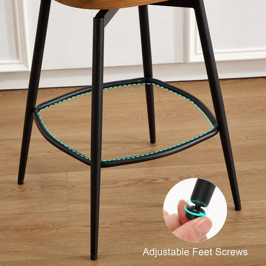 Flouki Bar Stools Set of 4, 25 Inch Solid Wood Saddle Barstools, Counter Height Bar Stools with Swivel Mechanism, Robust Metal Structure for Kitchen Island, Dining Room, Easy Assembly, Brown