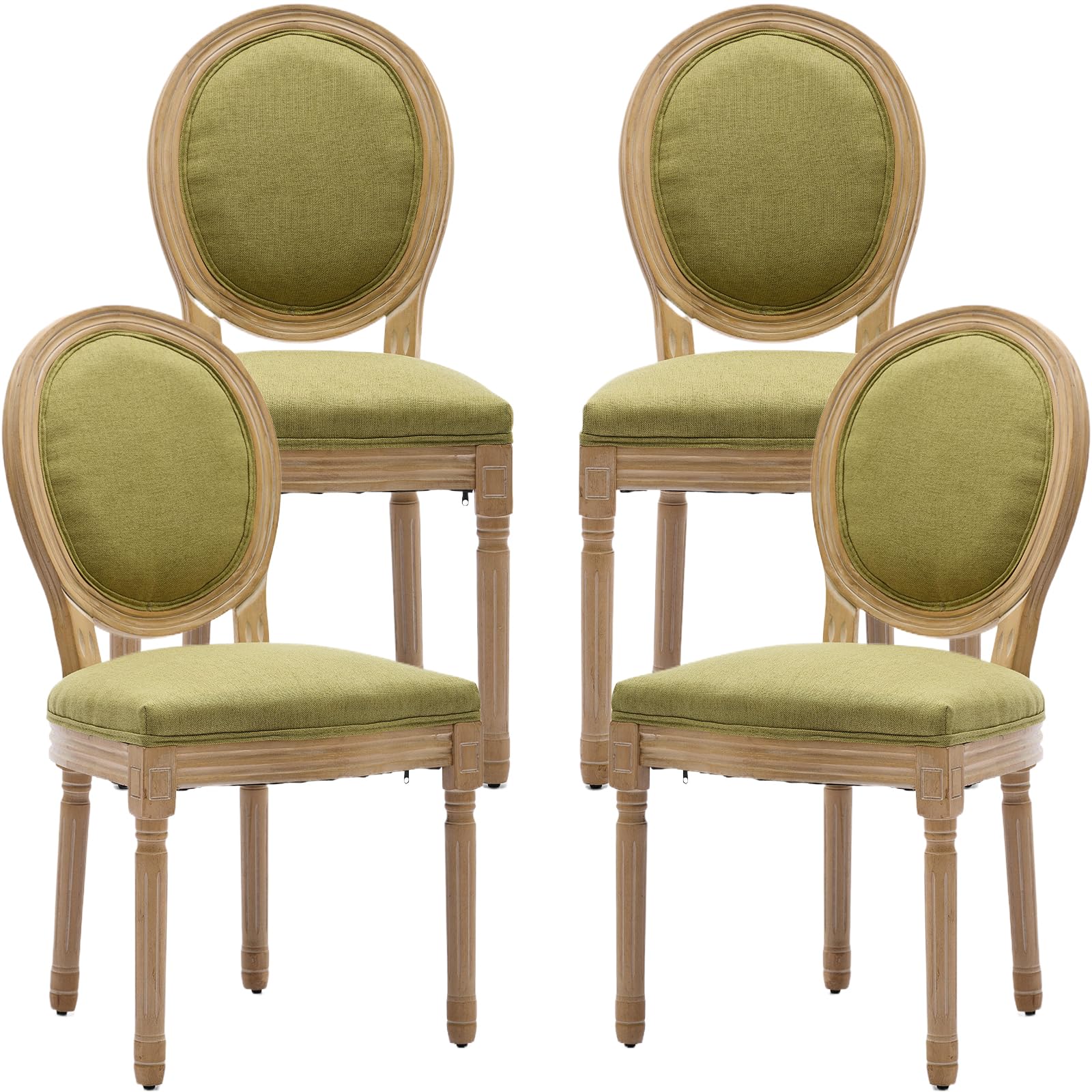 Vintage French Rattan Dining Chairs Set of 4, Solid Wood Frame with Round Rattan Back and Linen Upholstered Seat, Farmhouse Accent Sillas de Comedor Side Chairs for Dining Room & Kitchen, Beige