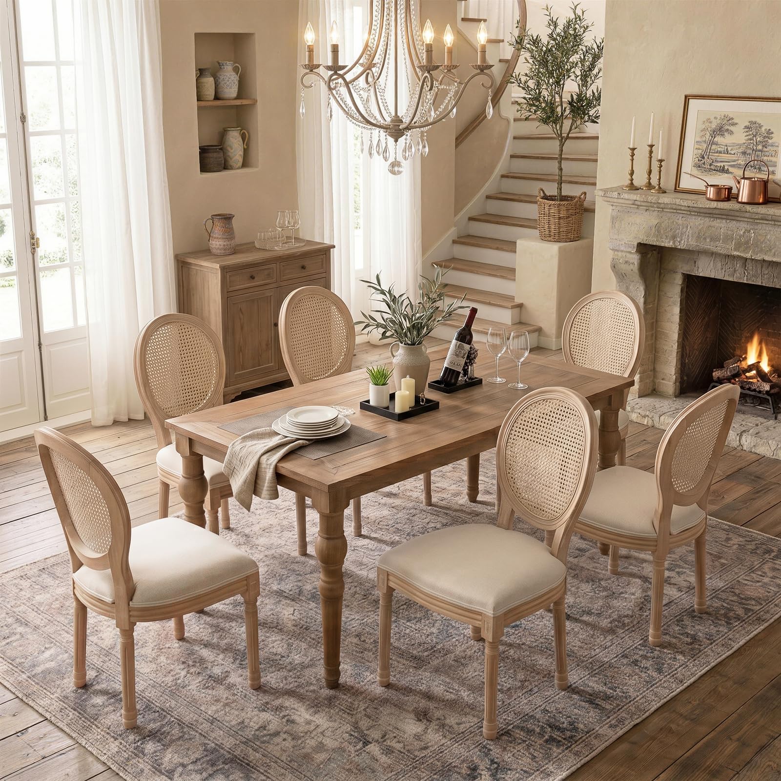 SoarFlash French Dining Chairs Set of 2, Vantage Dining Chair with Round Back, Wood Leg Farmhouse Country Rattan Dining Chair for Kitchen,Bedroom,Beige