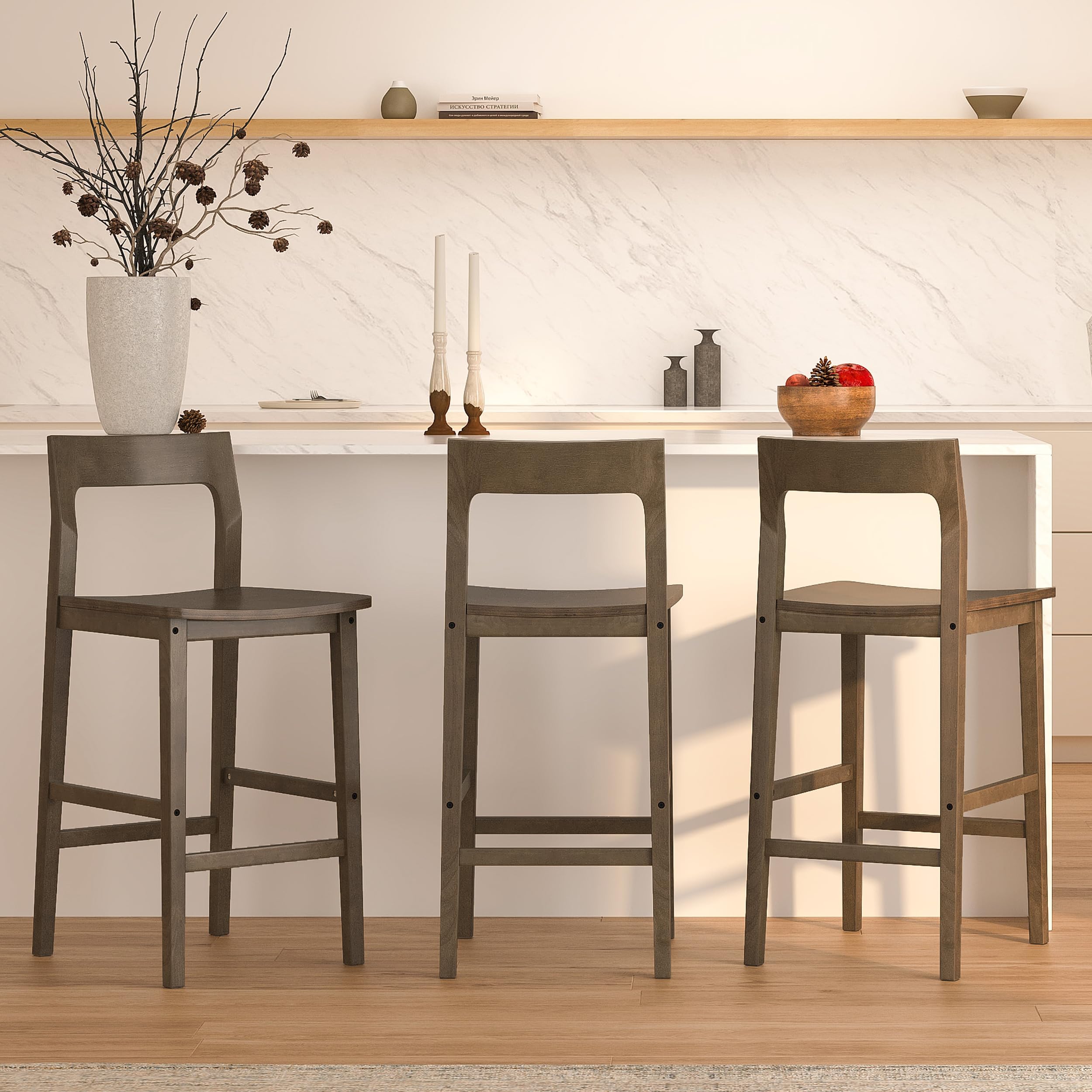 EYYTHUNG Counter Height Stools Set of 3, Farmhouse 25” Bar Stools with Solid Wood Legs & Back, Mid Century Modern Barstools Chairs for Kitchen Island, Dining Room, Cafe, Pub, Dark Oak