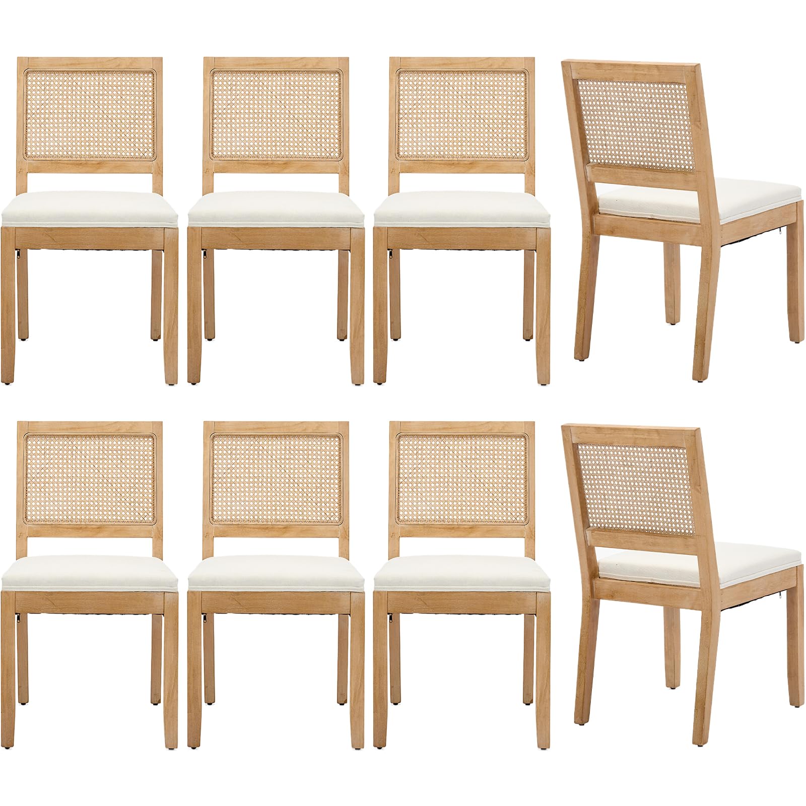 Vintage French Rattan Dining Chairs Set of 6, Square Back Side Chairs with Rattan Backrest, Upholstered Linen Seat and Solid Wood Frame, Sillas de Comedor for Dining Room & Kitchen, Dark Gray