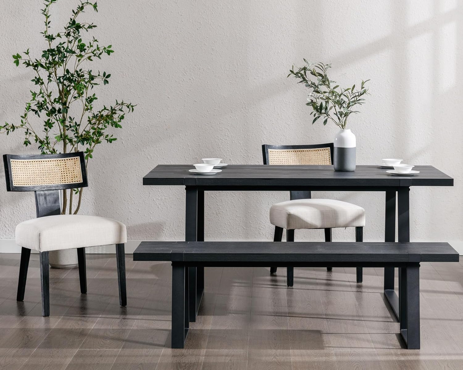 VESCASA 60" Wood Dining Bench with Black Metal Legs for Dining Room, Kitchen, Black