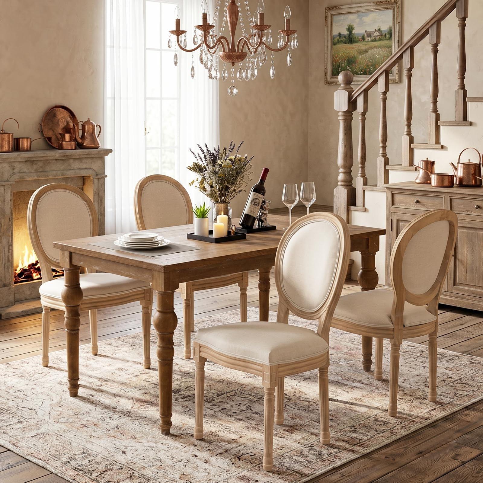 SoarFlash French Dining Chairs Set of 2, Vantage Dining Chair with Round Back, Wood Leg Farmhouse Country Rattan Dining Chair for Kitchen,Bedroom,Beige