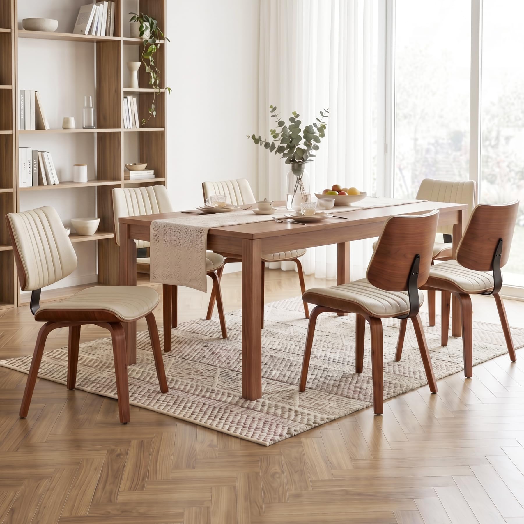 Dining Chairs Set of 1, Mid-Century Modern Upholstered PU Leather Kitchen Chair, Hanging Handrails, Walnut Bentwood Legs and Faux Leather Sponge Back for Kitchen Dining Room Living Room, Beige