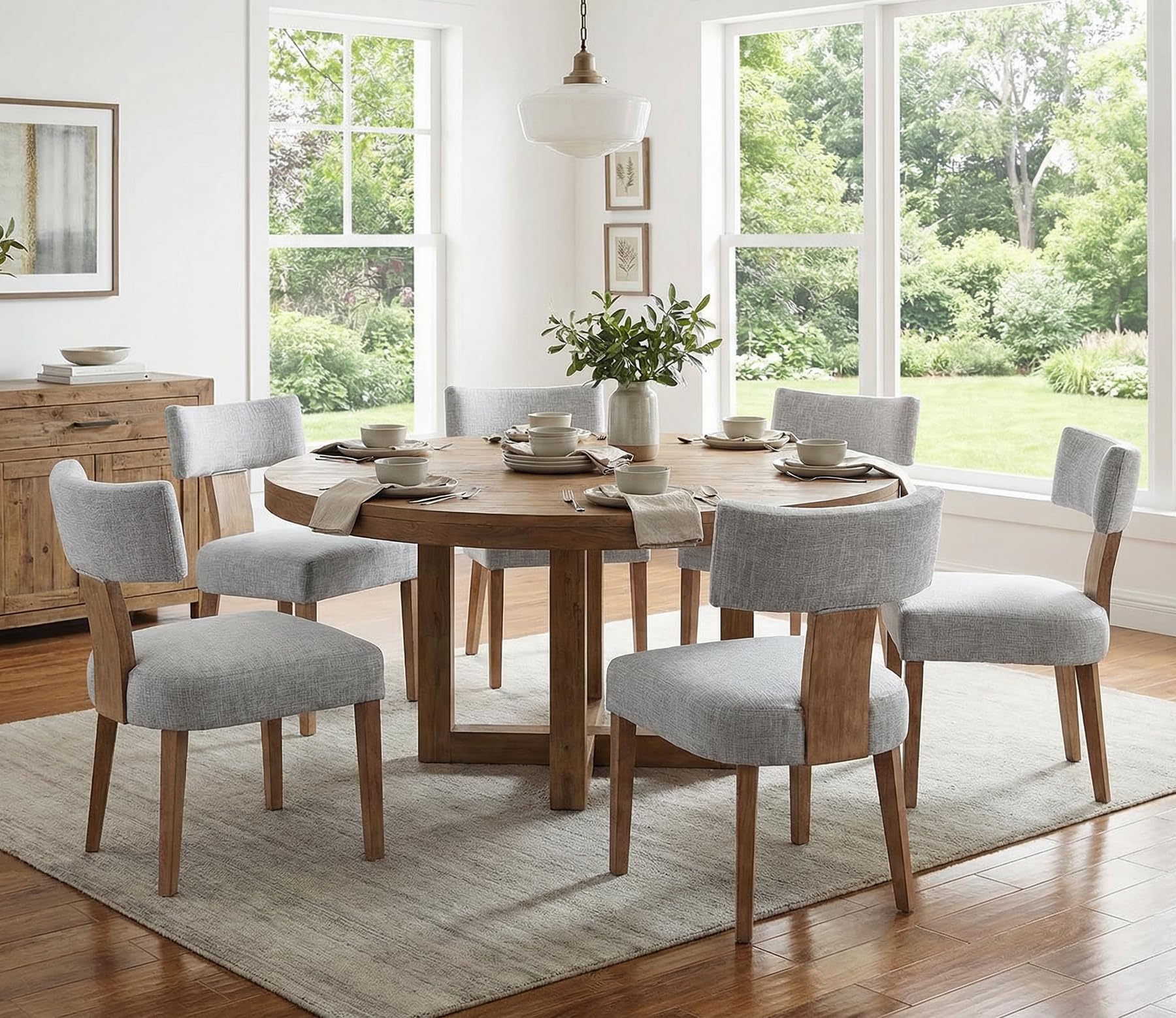 RIVOVA Rattan Dining Chairs Set of 4, Mid Century Modern Dining Chair Upholstered Linen Fabric Kitchen Side Chair, Modern Kitchen Armless Solid Wood Dining Chairs, Beige