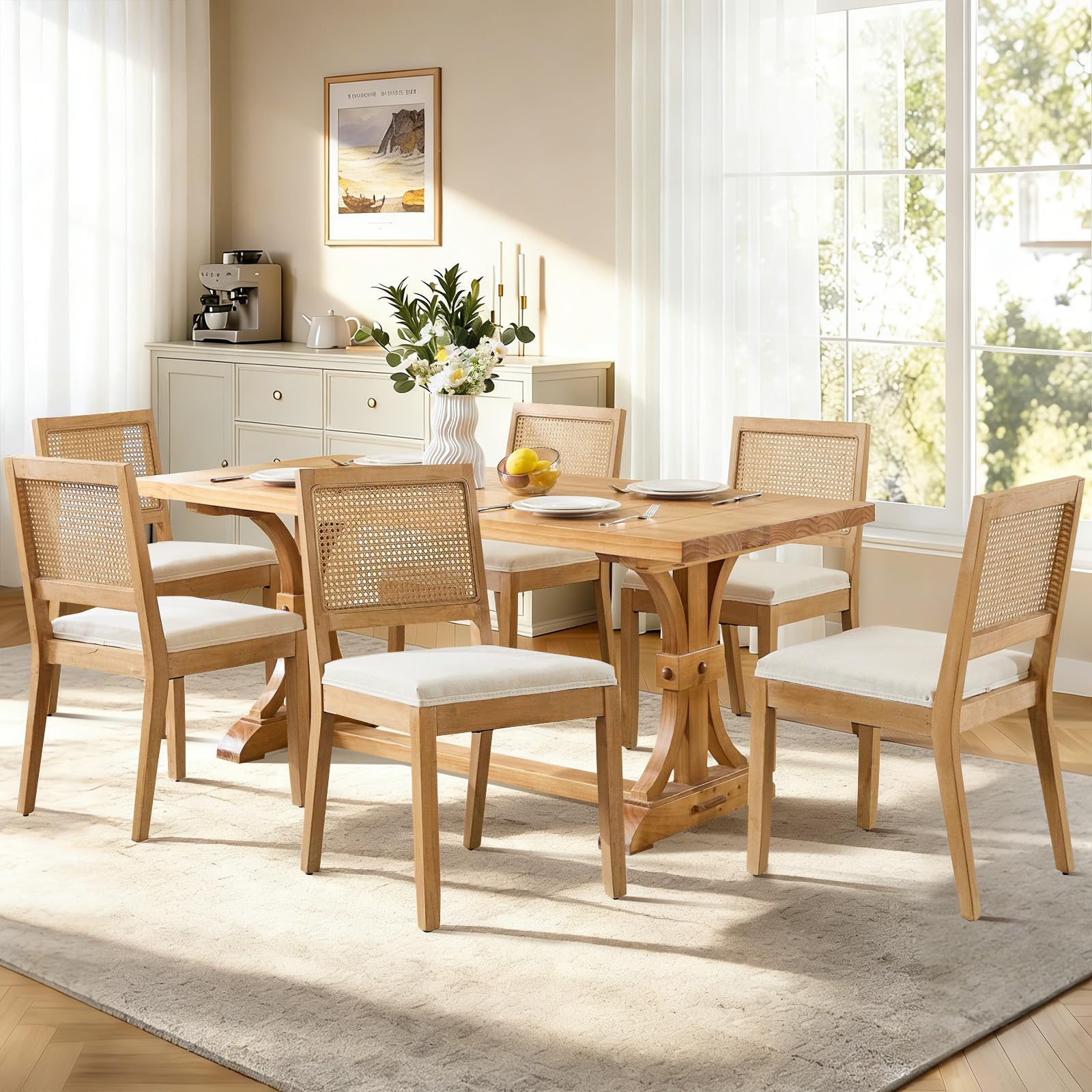 Rattan Back Upholstered Dining Chairs Set of 4 French Country Oval Kitchen Side Chairs with Wood Legs for Dining Room, Kitchen, Restaurant(Beige-Rattan)