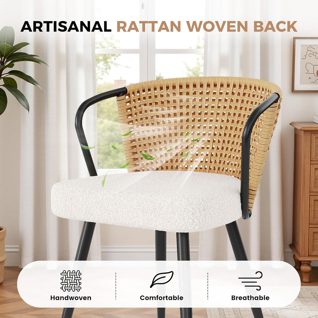 Rattan Dining Chairs Set of 4, Modern Upholstered Kitchen Chair with Metal Legs, Ergonomic Curved Backrest, Mid Century Living Room Chairs with Throw Pillow, Natural