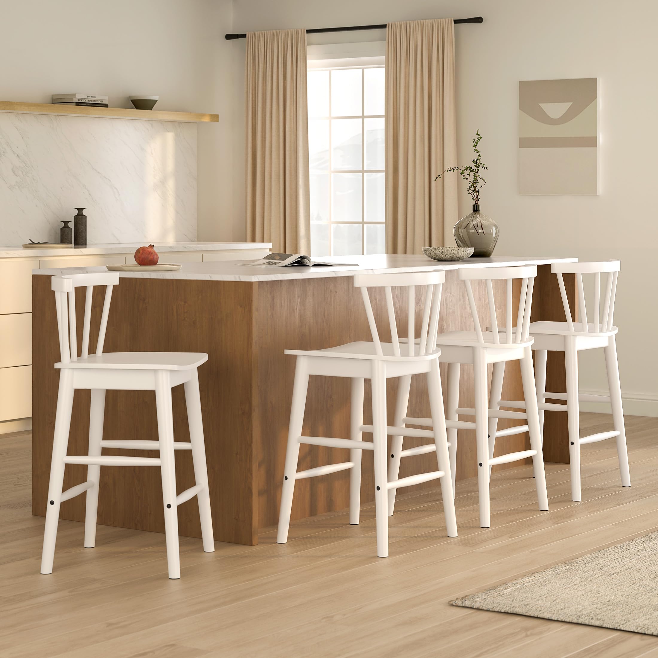 EYYTHUNG Wood Bar Stools Set of 3, Farmhouse 24" Barstool Counter Stools with Curved Back Counter Chairs for Kitchen Islands Dining Room, Natural Oak