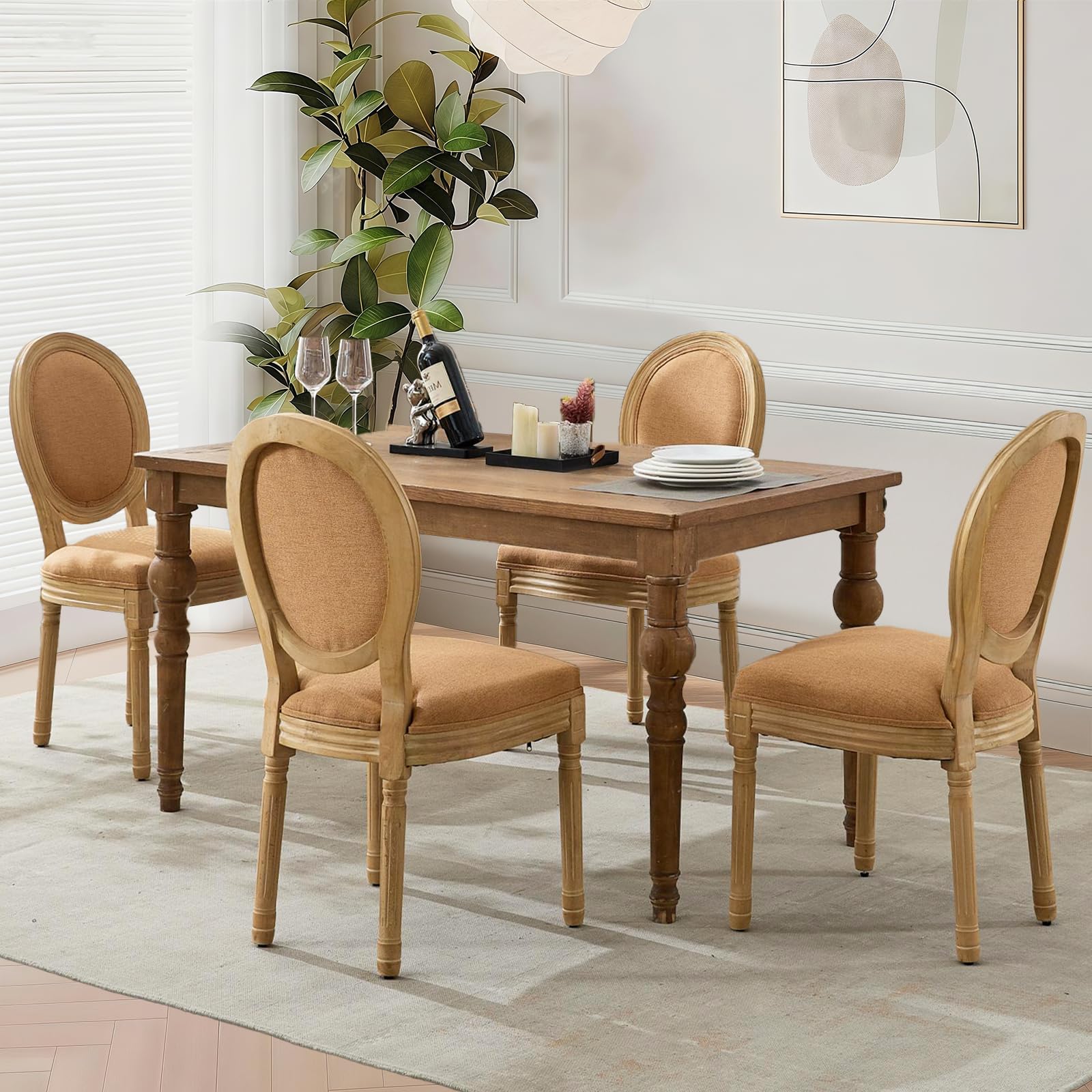 Rattan Back Upholstered Dining Chairs Set of 4 French Country Oval Kitchen Side Chairs with Wood Legs for Dining Room, Kitchen, Restaurant(Beige-Rattan)