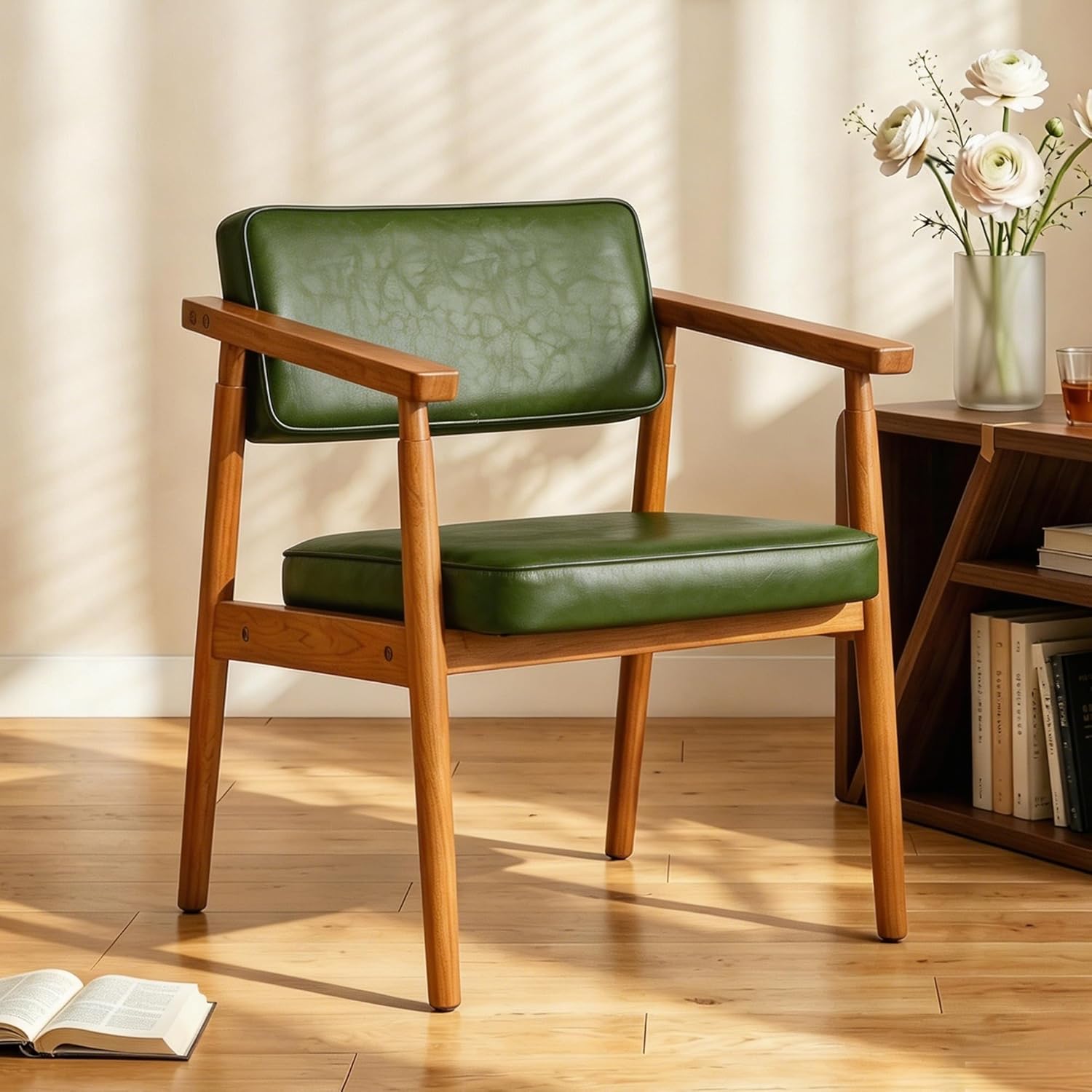LSSPAID Mid Century Dining Chairs with Wooden Handrail, Pu Upholstered Armchair Comfy Backrest Modern Kitchen Chairs for Bedroom Living Room Dining Room, Green, Set of 1