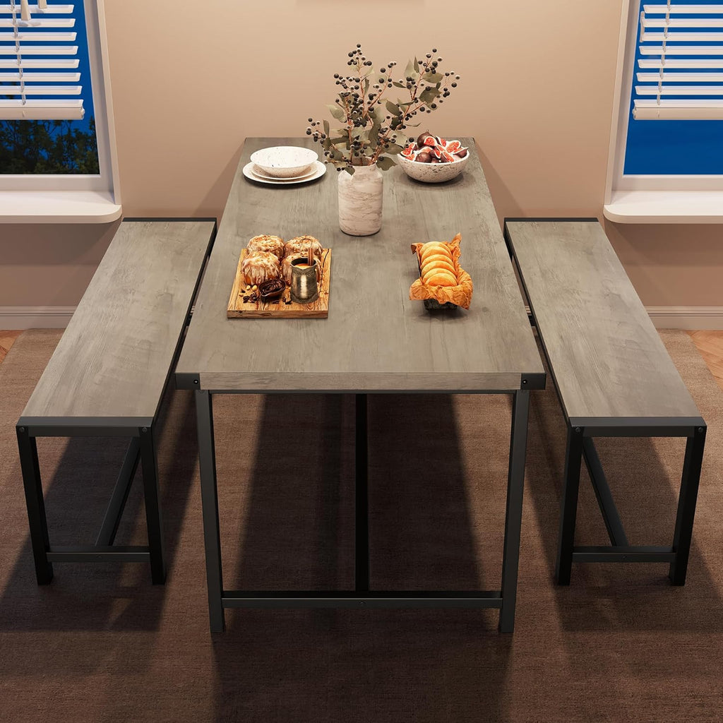 IDEALHOUSE Dining Table Set for 4, Kitchen Table with Benches, Rectangular Dining Room Table Set with 2 Metal Wood Benches, 3 Piece Dining Table Set for Small Space, Apartment, Dinette, Retro Gray