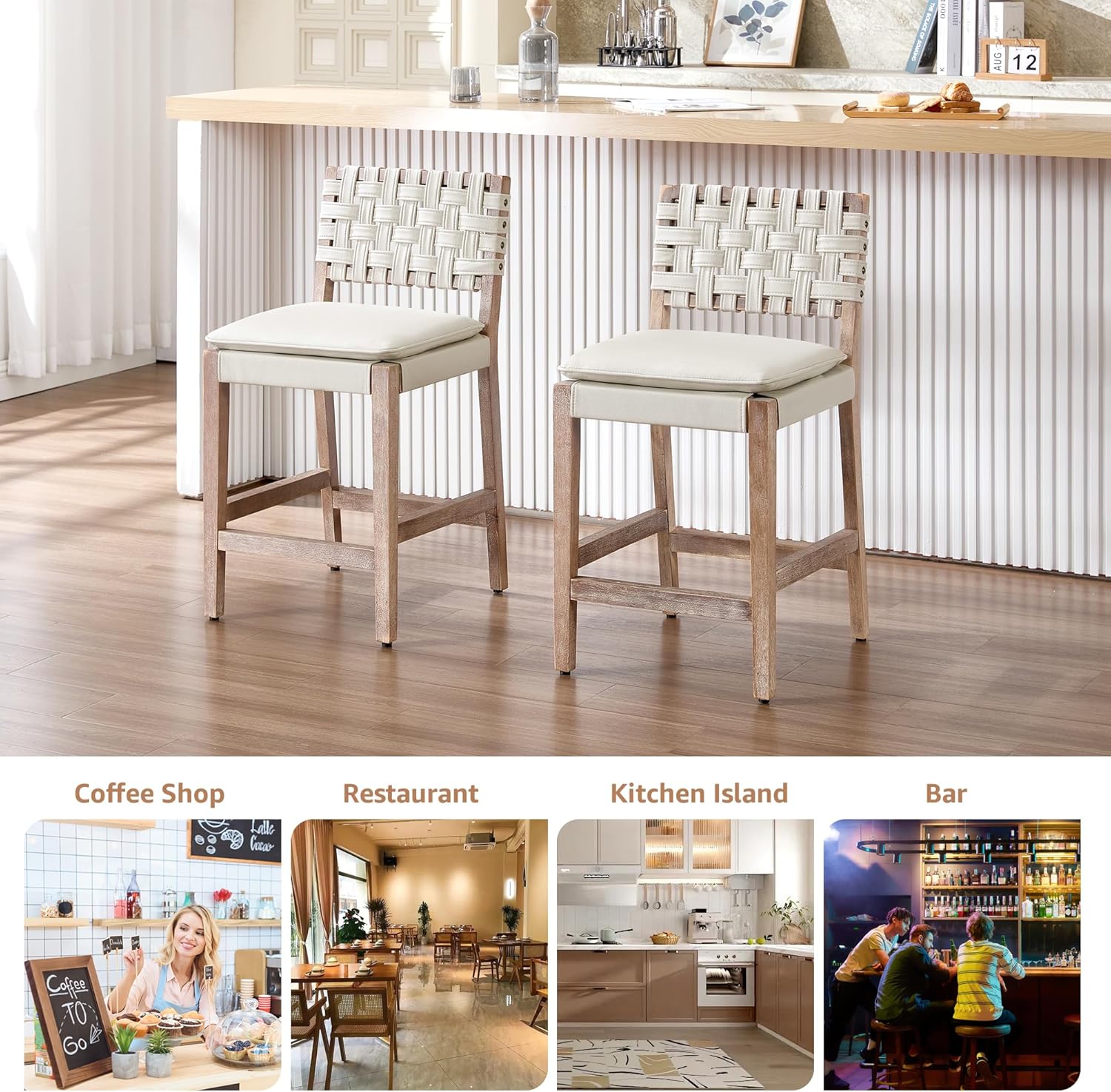 Modern Bar Stools Set of 2 Counter Height Barstools High Back Mid-Century Faux Leather Bar Chairs Solid Wood Kitchen Bar Stools for Kitchen Island Leather Beige 24IN