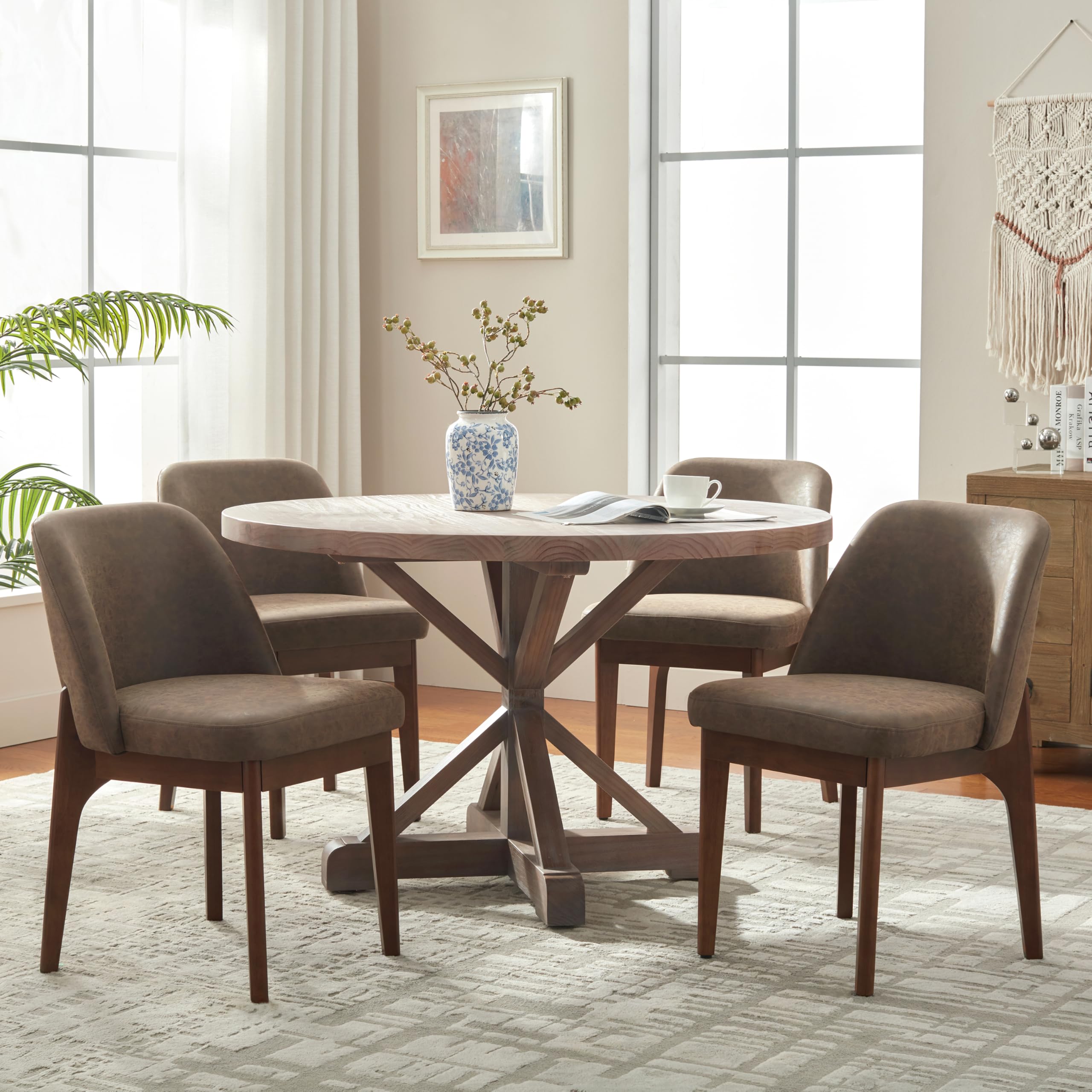 VKNOW Modern Dining Chairs Set of 2, Faux Leather Kitchen Chairs with Wood Legs, Upholstered Side Chair for Kitchen Dining Room, Beige