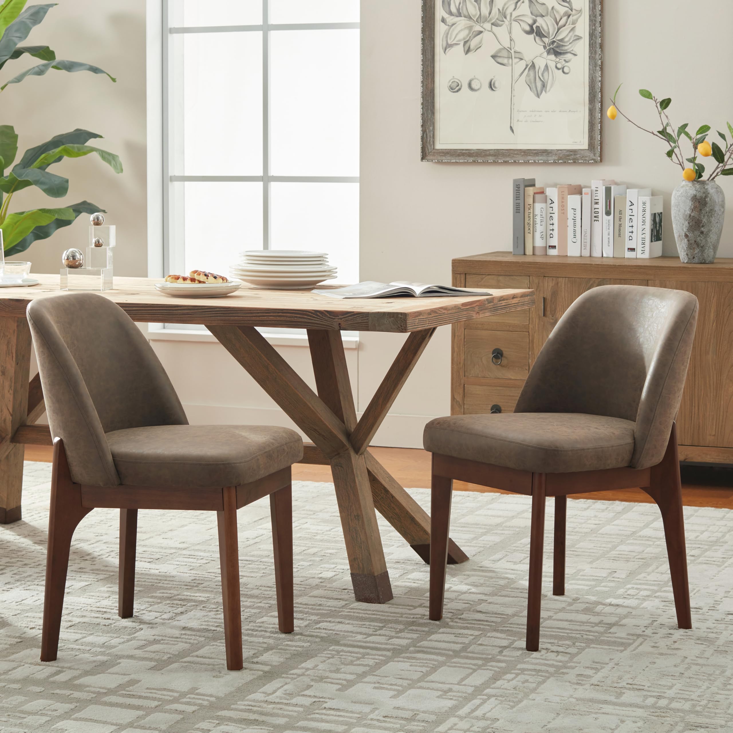 VKNOW Modern Dining Chairs Set of 2, Faux Leather Kitchen Chairs with Wood Legs, Upholstered Side Chair for Kitchen Dining Room, Beige