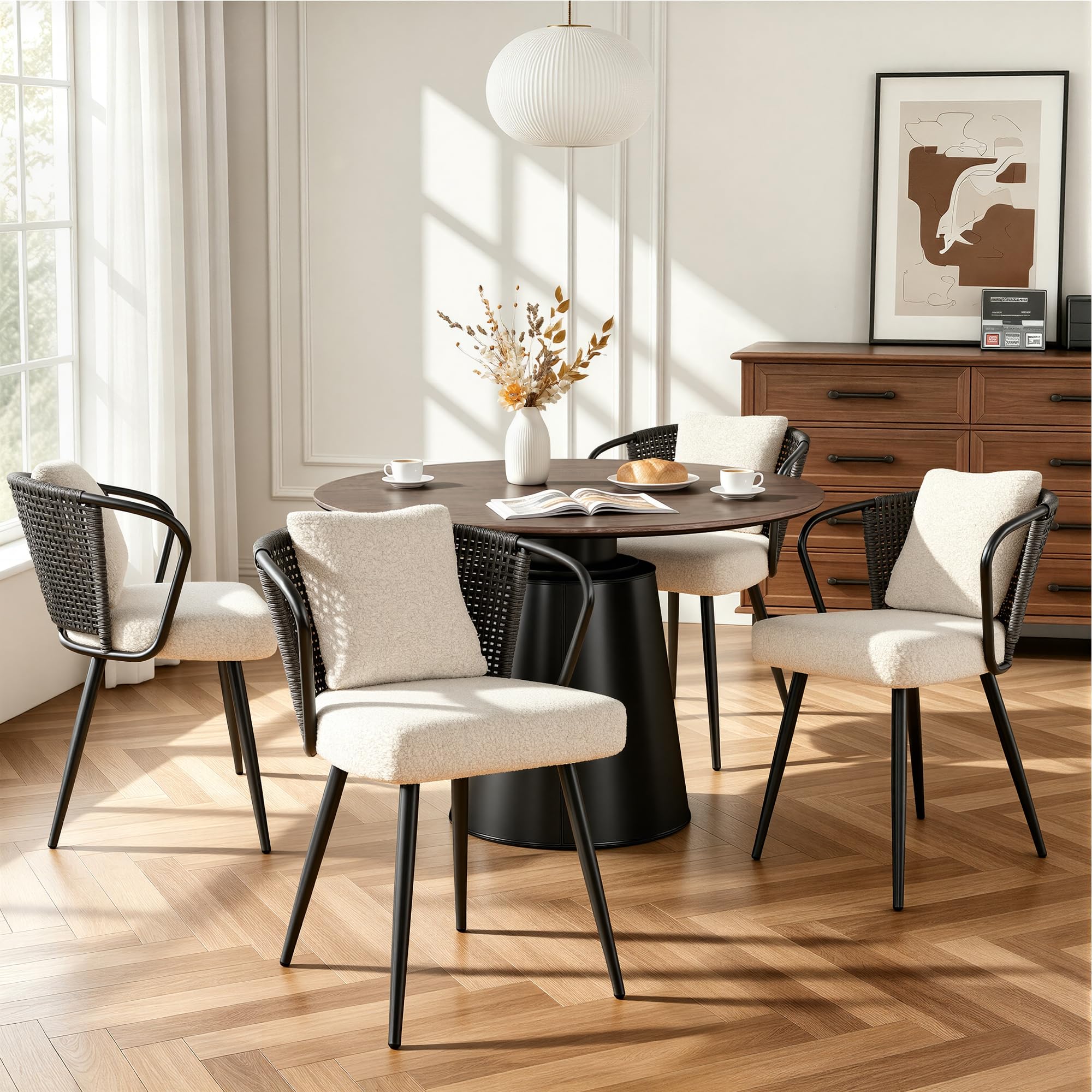 Rattan Dining Chairs Set of 4, Modern Upholstered Kitchen Chair with Metal Legs, Ergonomic Curved Backrest, Mid Century Living Room Chairs with Throw Pillow, Natural
