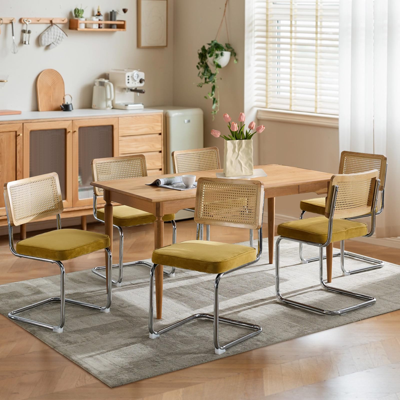 Rattan Dining Chairs Set of 4,Upholstered Mid-Century Modern Dining Room Chairs with Cane Backrest,Retro Velvet Kitchen Chairs with Stainless Chrome Base,Green