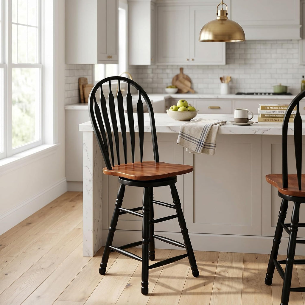 Sunset Trading Selections 24" Counter Height Swivel Barstool | Farmhouse Country Cottage Windsor Arrowback Café Stool | Antique Black & Cherry Solid Wood | Dining Room Kitchen Home Bar Furniture