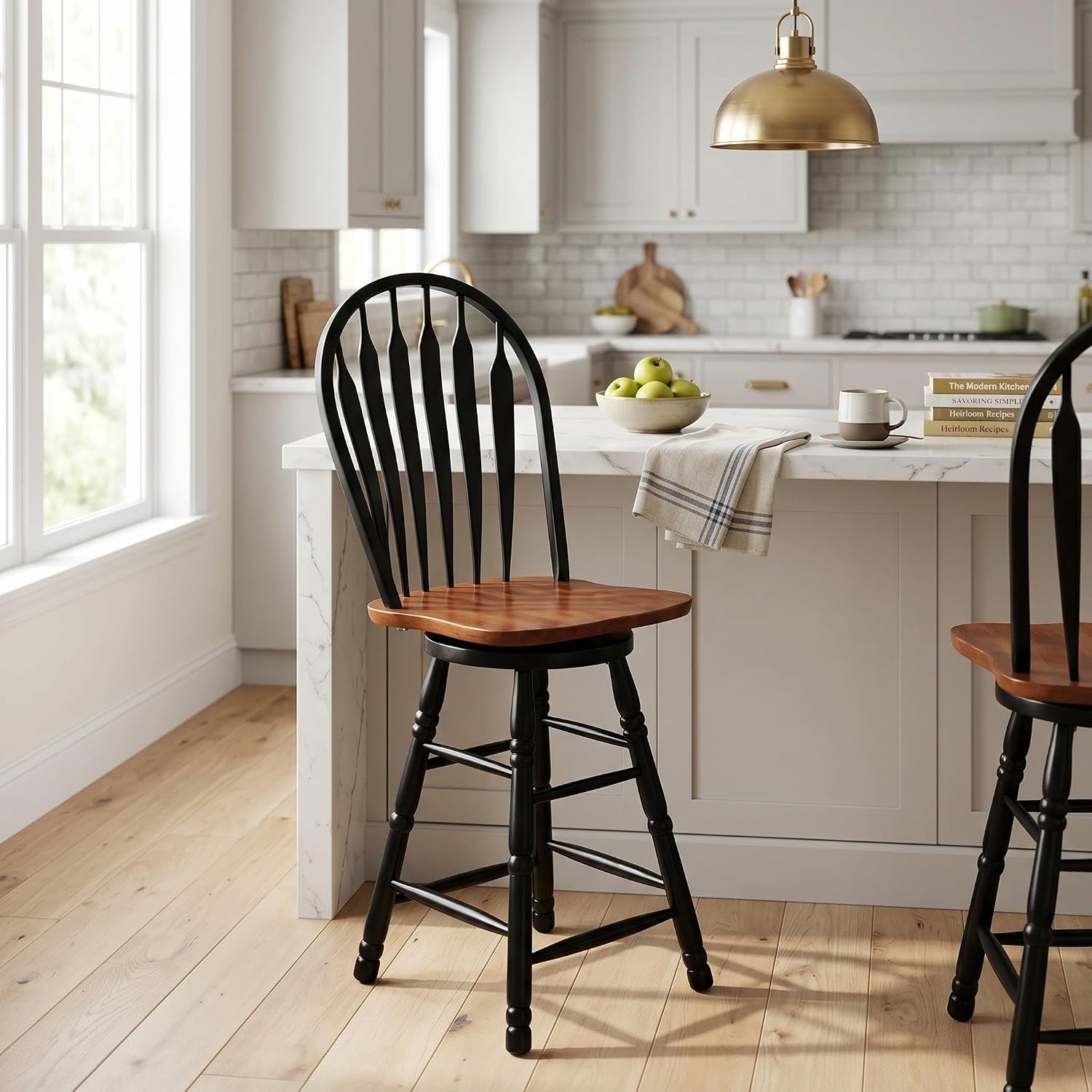 Sunset Trading Selections 24" Counter Height Swivel Barstool | Farmhouse Country Cottage Windsor Arrowback Café Stool | Antique Black & Cherry Solid Wood | Dining Room Kitchen Home Bar Furniture