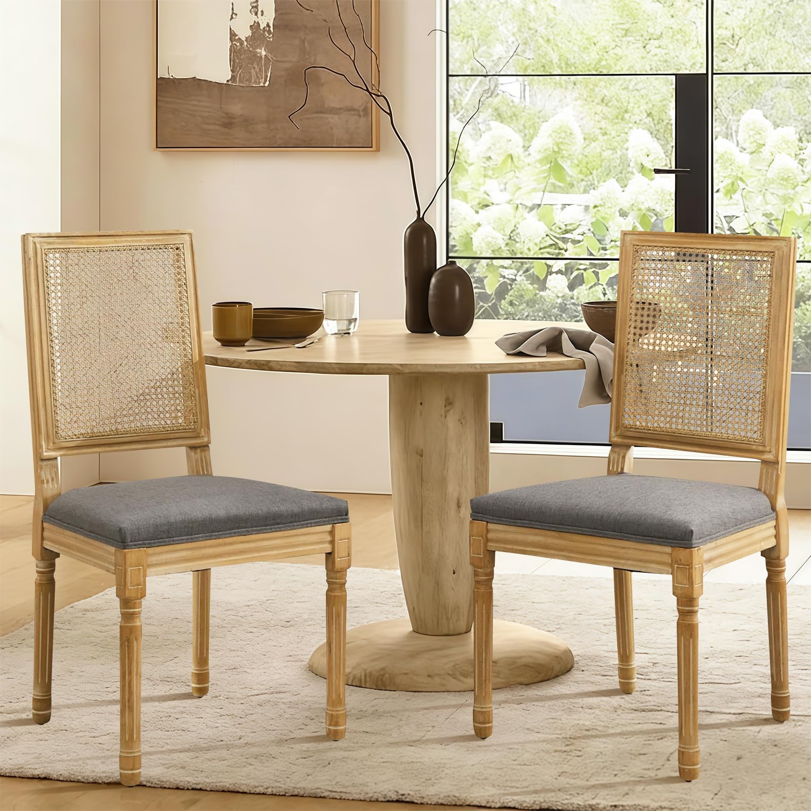 Rattan Back Upholstered Dining Chairs Set of 4 French Country Oval Kitchen Side Chairs with Wood Legs for Dining Room, Kitchen, Restaurant(Beige-Rattan)
