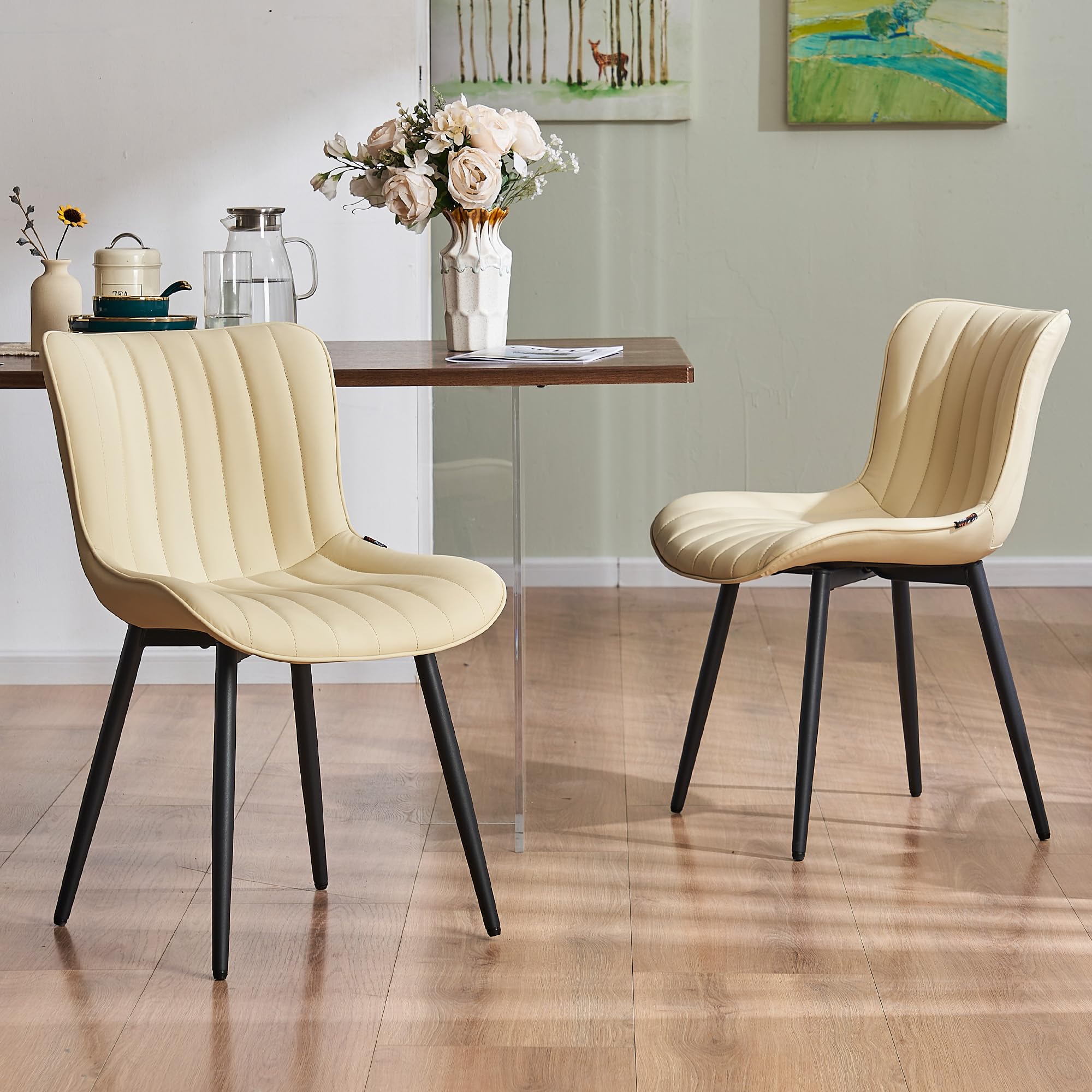 YOUNUOKE Mid-Century Modern Dining Chairs Set of 2, Blue PU Leather Upholstered Kitchen Chairs with Black Metal Legs, Armless Accent Chair for Dining Room, Guest Reception Room