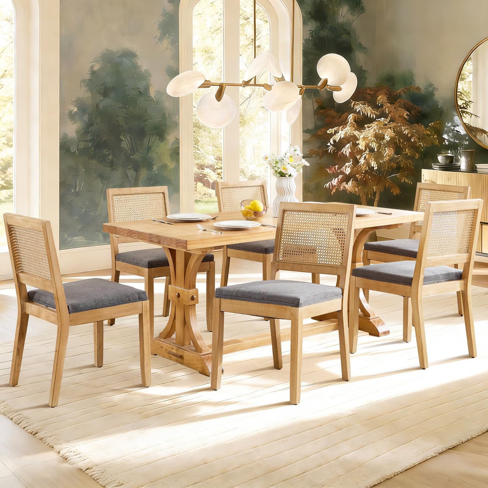 Rattan Back Upholstered Dining Chairs Set of 4 French Country Oval Kitchen Side Chairs with Wood Legs for Dining Room, Kitchen, Restaurant(Beige-Rattan)