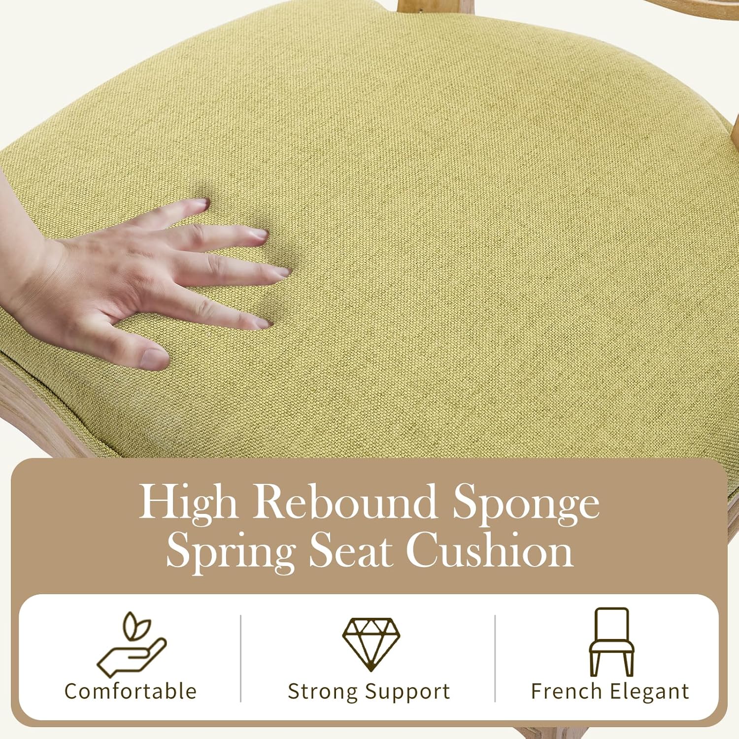French Country Dining Chairs Set of 4，Fabric Upholstered Dining Chair with Round Back and Solid Leg, Rattan Kitchen Chairs for Dining Room, Living Room, Kitchen, Olive Green