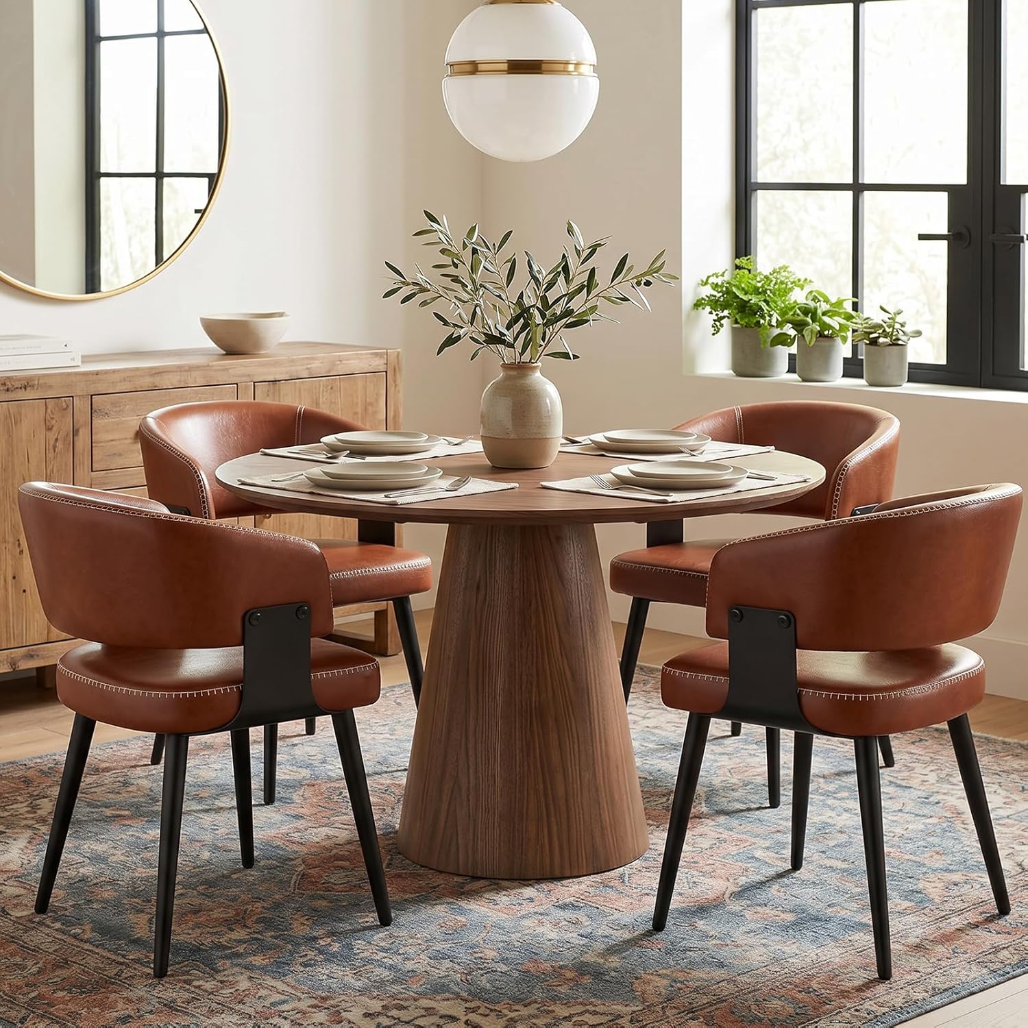Dining Chairs Set of 4, Modern Upholstered PU Leather Kitchen & Dining Room Chairs with Curved Open Back Metal Legs, Kitchen Chairs for Dining Room Restaurant (Vintage Brown, Set of 4)
