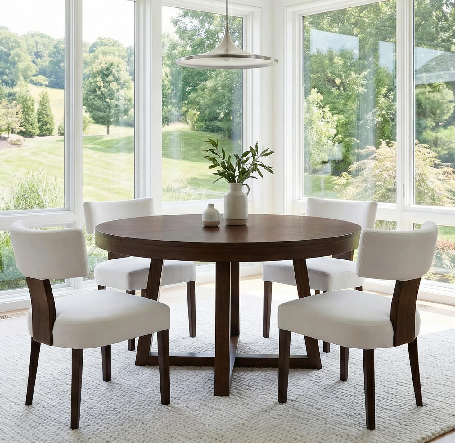 RIVOVA Rattan Dining Chairs Set of 4, Mid Century Modern Dining Chair Upholstered Linen Fabric Kitchen Side Chair, Modern Kitchen Armless Solid Wood Dining Chairs, Beige