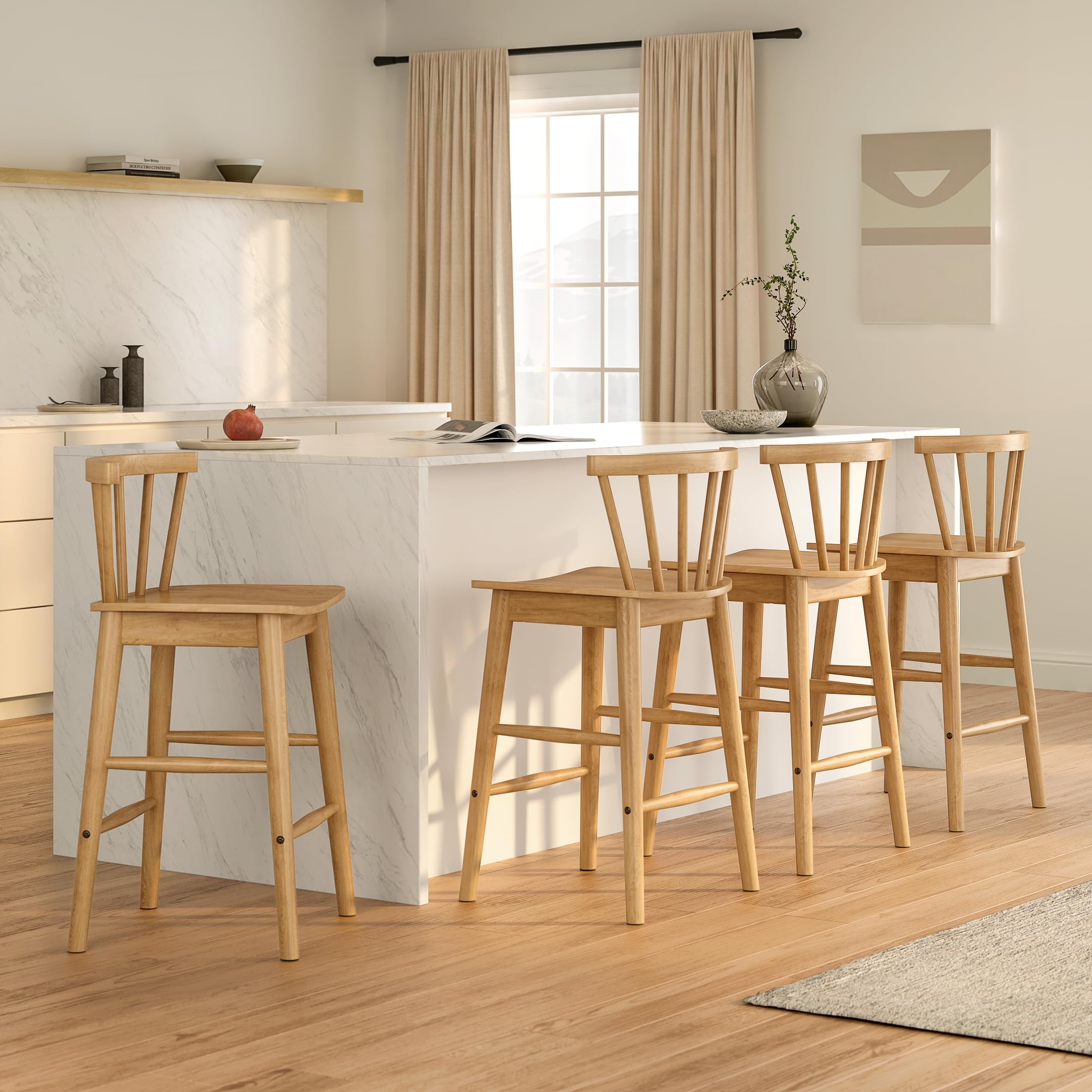 EYYTHUNG Wood Bar Stools Set of 3, Farmhouse 24" Barstool Counter Stools with Curved Back Counter Chairs for Kitchen Islands Dining Room, Natural Oak