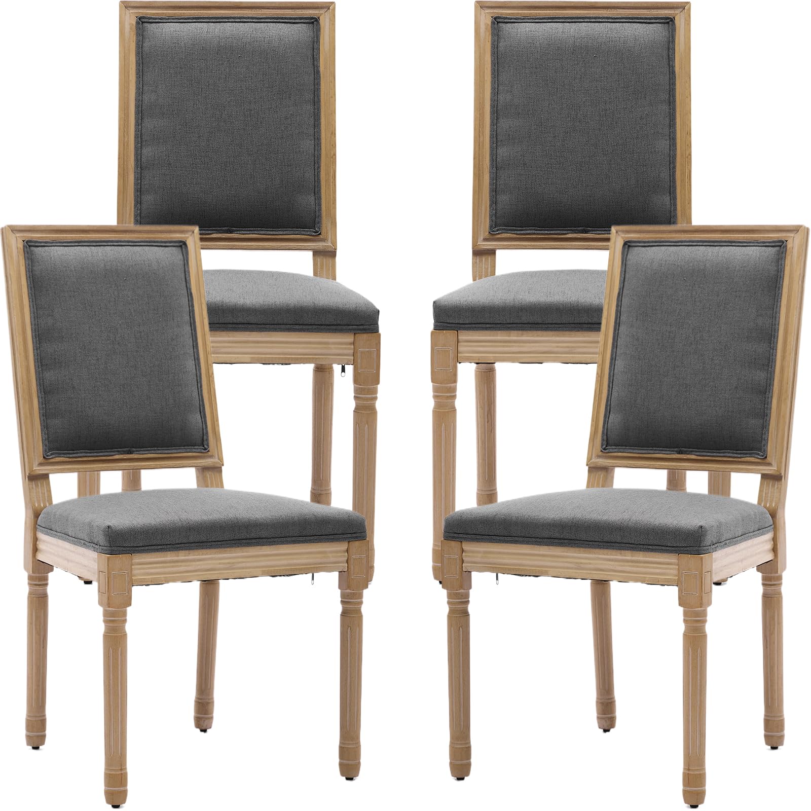 Vintage French Rattan Dining Chairs Set of 6, Square Back Side Chairs with Rattan Backrest, Upholstered Linen Seat and Solid Wood Frame, Sillas de Comedor for Dining Room & Kitchen, Dark Gray
