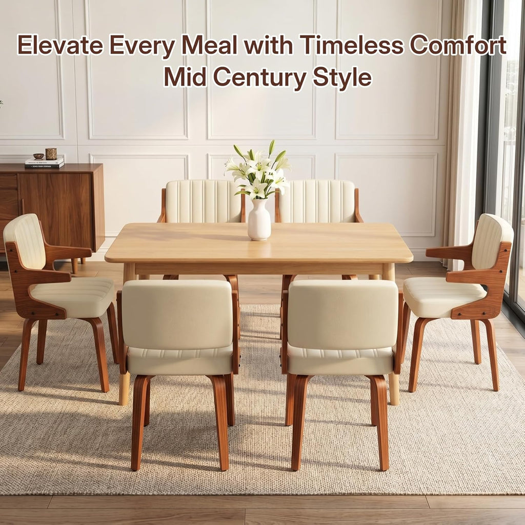 Dining Chairs Set of 1, Mid-Century Modern Upholstered PU Leather Kitchen Chair, Hanging Handrails, Walnut Bentwood Legs and Faux Leather Sponge Back for Kitchen Dining Room Living Room, Beige
