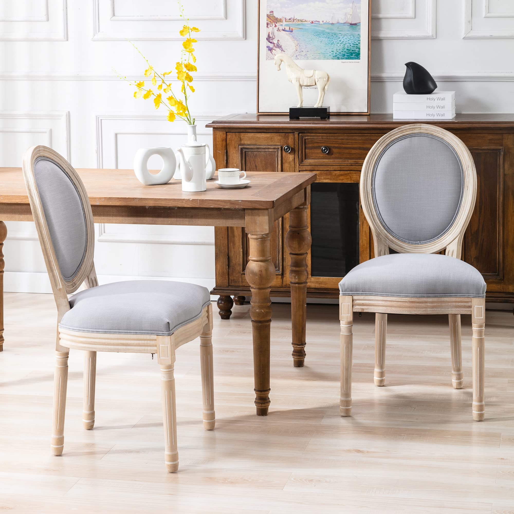 Nrizc French Country Dining Chairs Set of 4, Farmhouse Fabric Chairs with Round Back, Rattan Dining Chair, Oval Side Chairs for Dining Room/Living Room/Kitchen/Restaurant