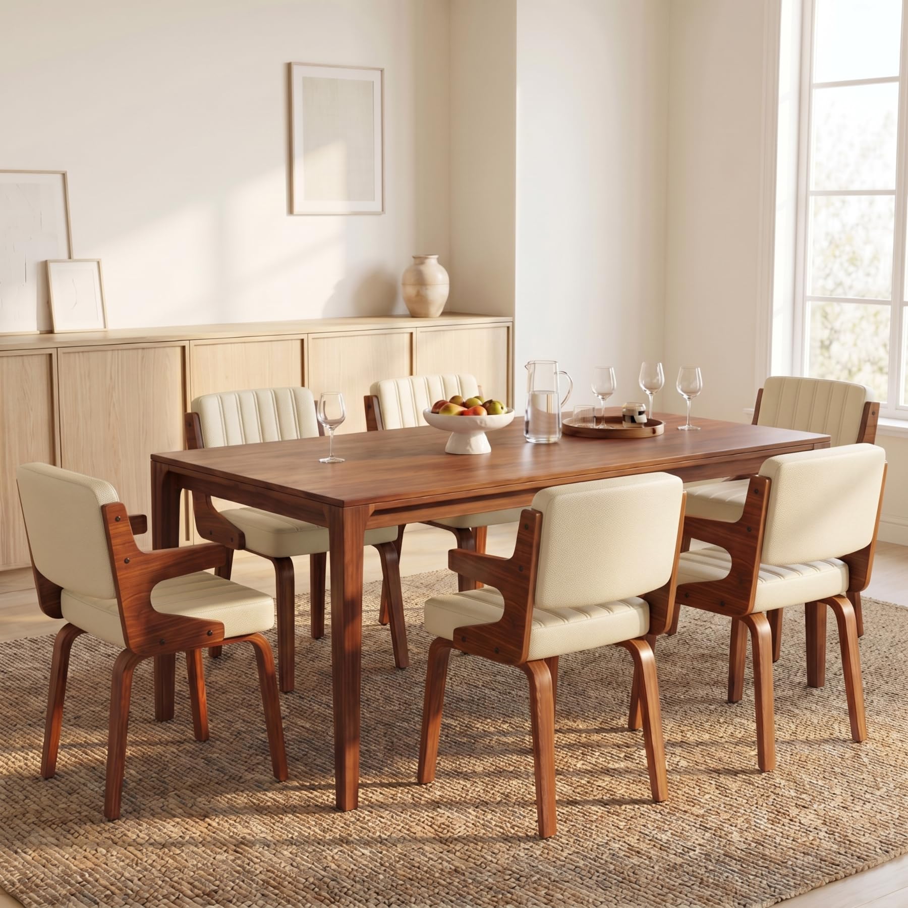 Dining Chairs Set of 1, Mid-Century Modern Upholstered PU Leather Kitchen Chair, Hanging Handrails, Walnut Bentwood Legs and Faux Leather Sponge Back for Kitchen Dining Room Living Room, Beige