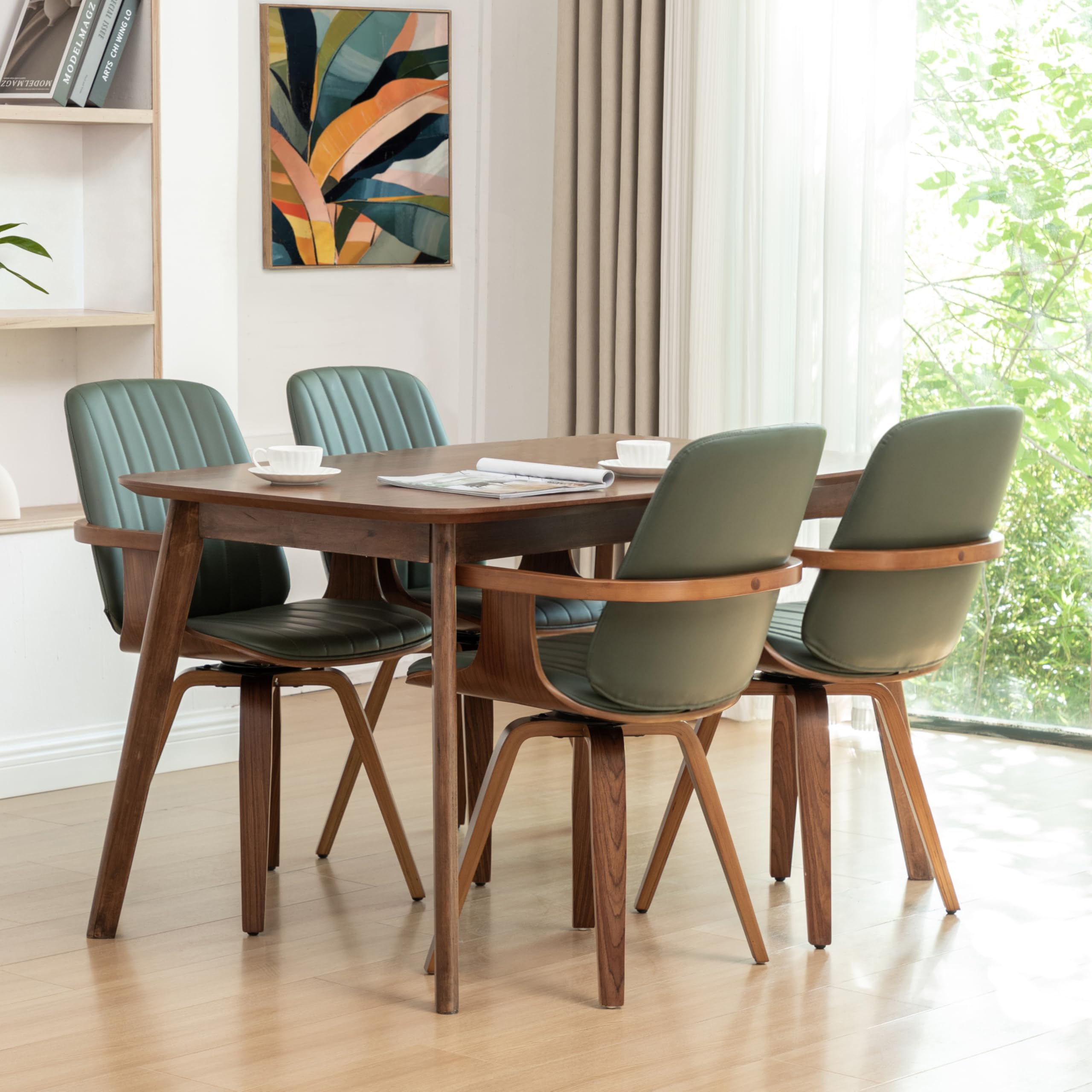 WUPOTO Set of 1 MCM Dining Chair, Mid Century Modern Chair with Walnut Craftsmanship, Upholstered Faux Leather, Wooden Arms and Legs, Faux Leather Dining Chair for Kitchen/Living Room - Green