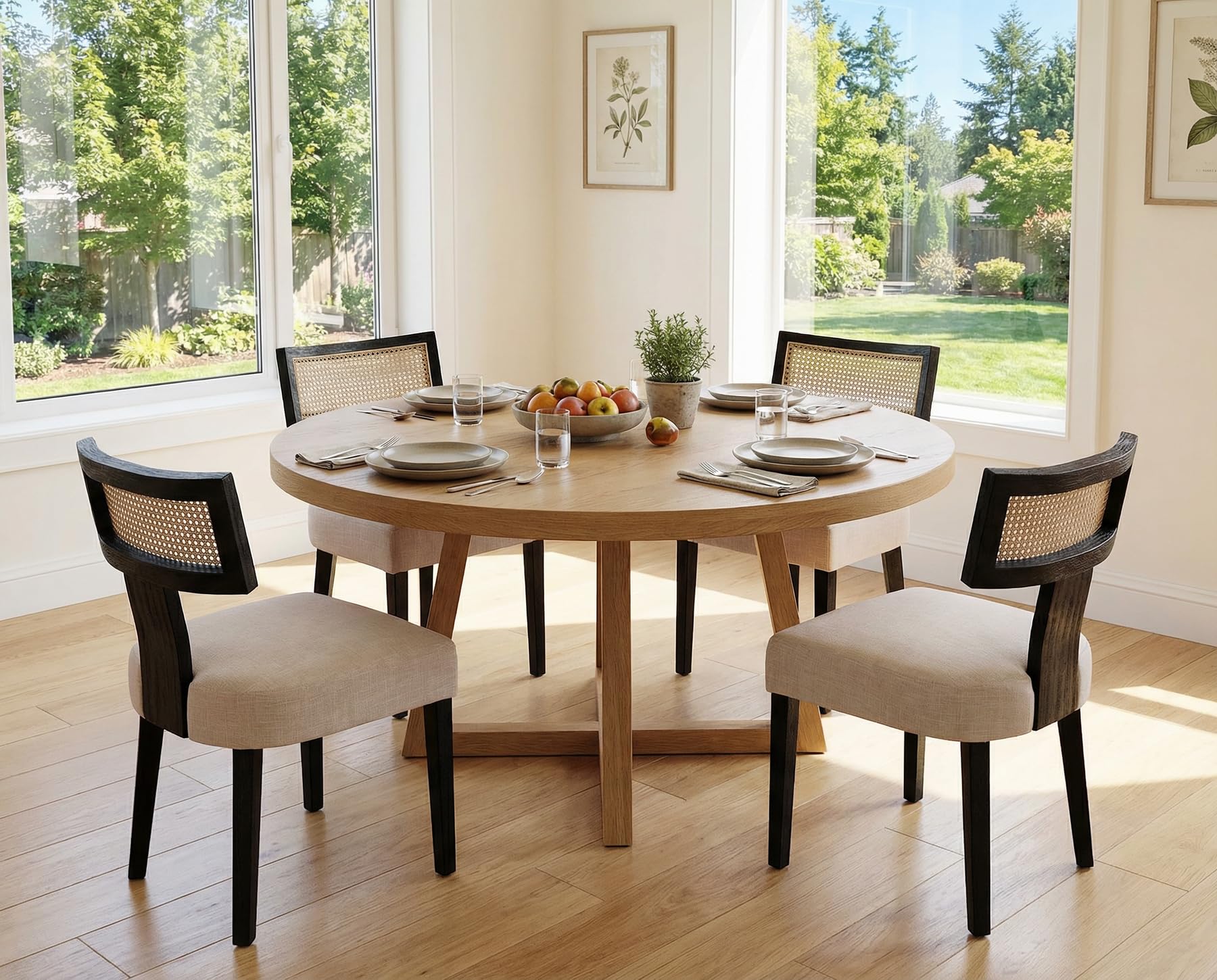 RIVOVA Rattan Dining Chairs Set of 4, Mid Century Modern Dining Chair Upholstered Linen Fabric Kitchen Side Chair, Modern Kitchen Armless Solid Wood Dining Chairs, Beige